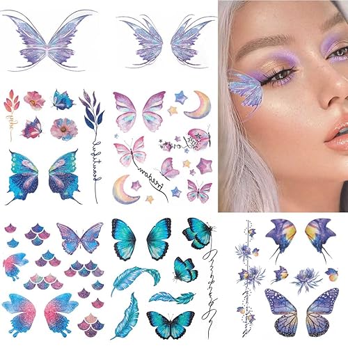 Uranian CalcomanĂas temporales de tatuaje de mariposa, tatuajes faciales con purpurina para mujeres, niñas, niños, mariposas, tatuajes corporales, Uranian CalcomanĂas temporales de tatuaje de mariposa, tatuajes faciales con purpurina para mujeres, niñas, niños, mariposas, tatuajes corporales,
