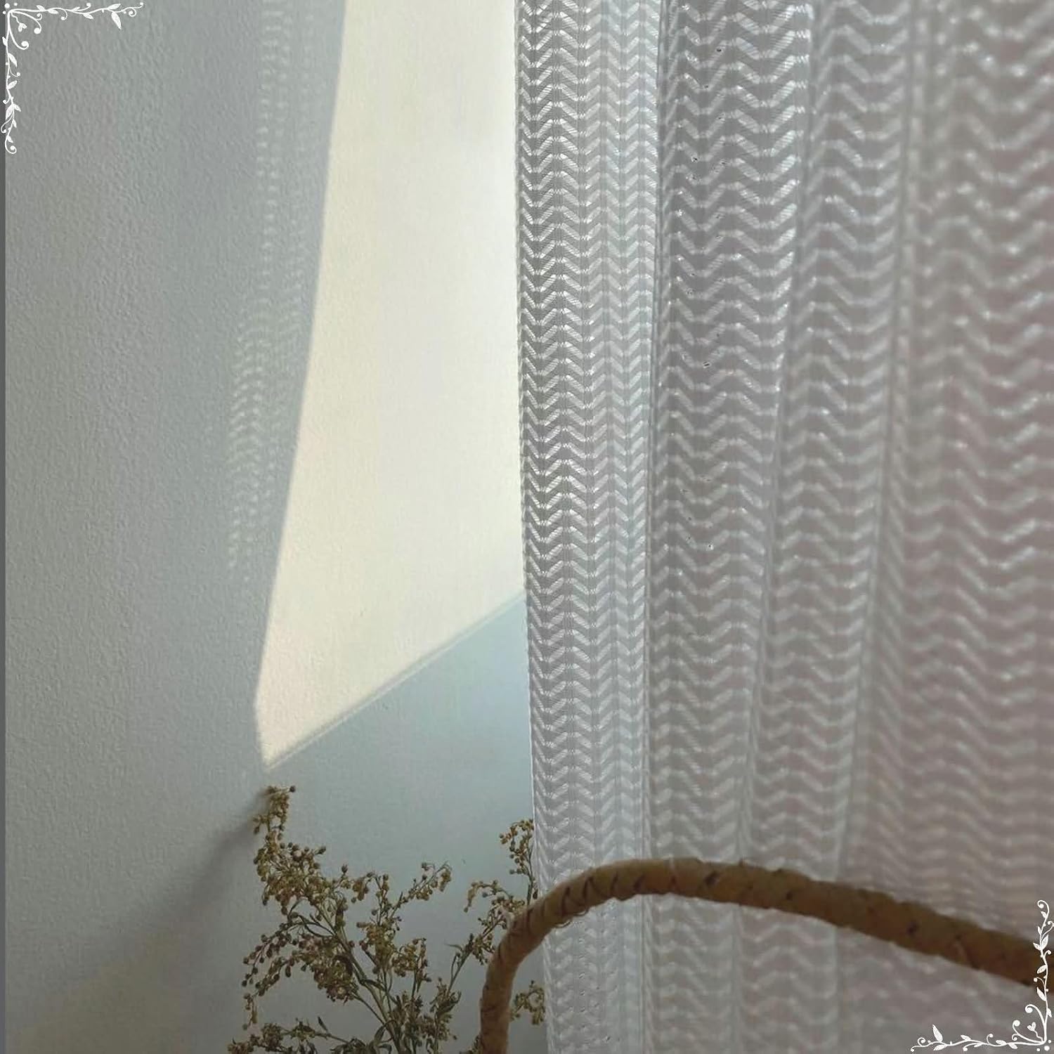 Daesar Semi Sheer Curtains 2 Panels Set 63 Inch Length, Eyelet Tulle Curtains Solid Color Hollow Leaves Striped Pattern Voile Curtains for Living Room Window Treatment, 40x63 Inch White