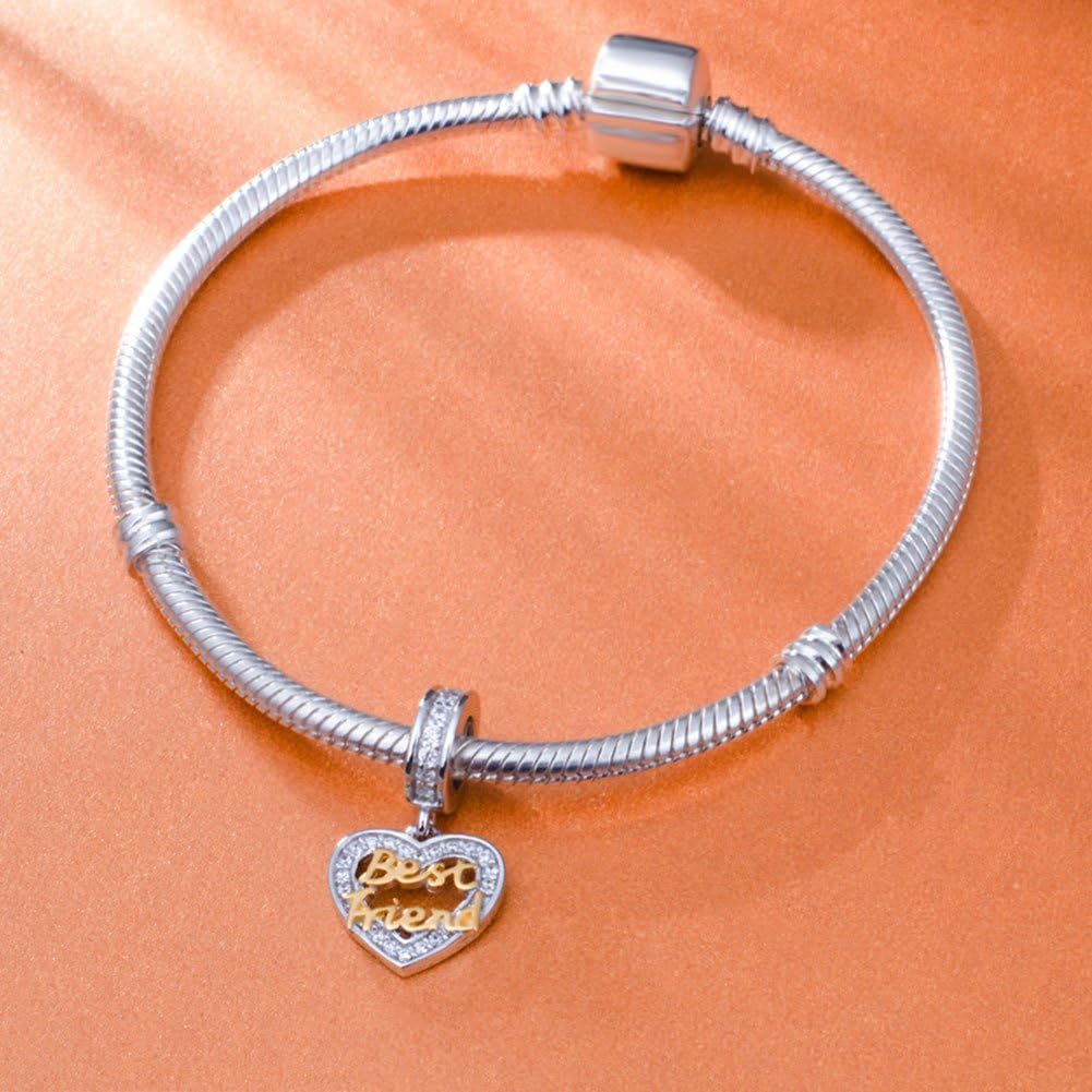 Sterling Silver Best Friend Charm Friendship Gifts Heart Charm Love Pendant with 24k Gold Plating fit Women Charm Bracelets