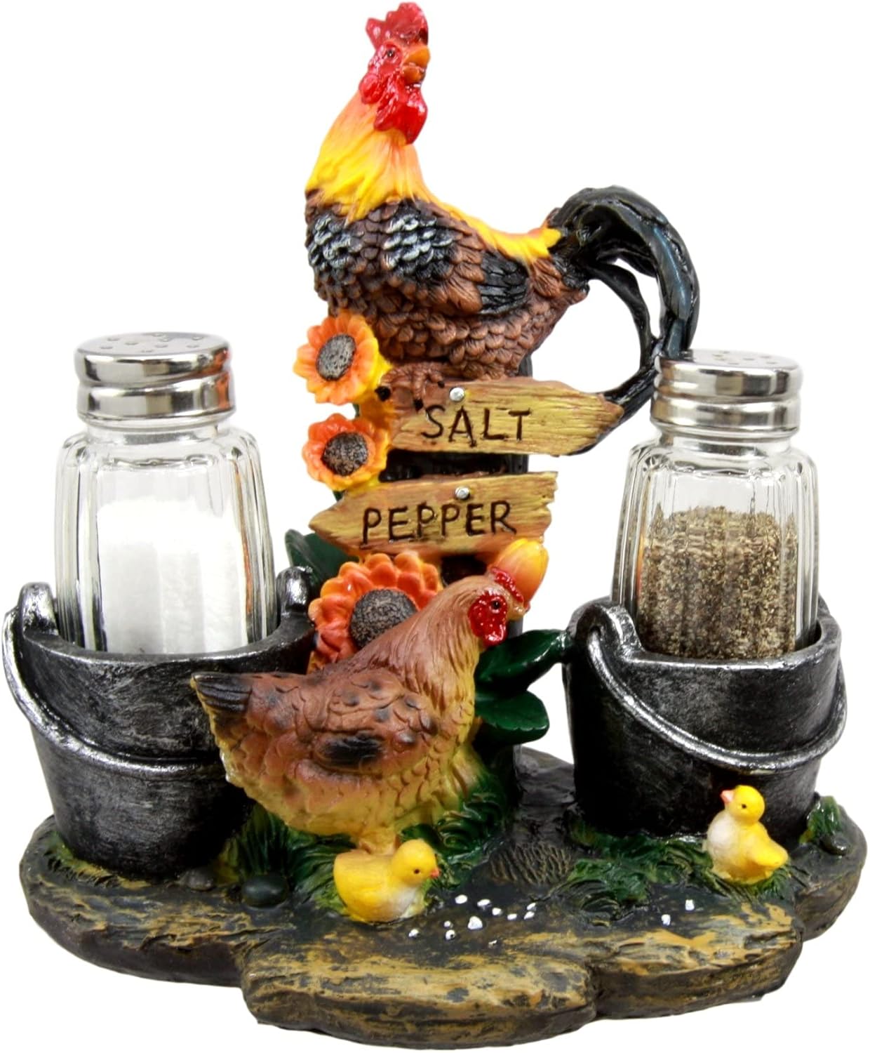 New Product Ebros Gift Country Farm Barnyard Rooster Hen and Chicks Family by Pails and Sunflowers Salt and Pepper Shakers Holder Figurine 7 H with Glass Shakers Decorative Animal Farmland Morning Crow Sunshine