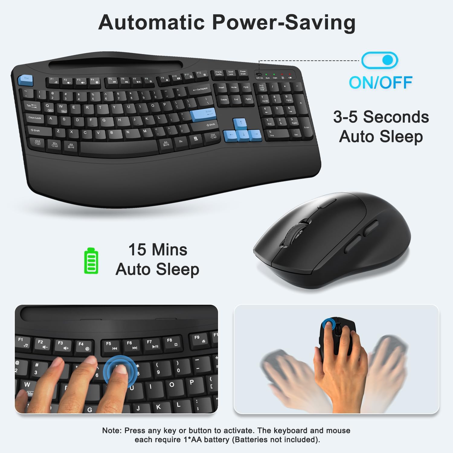 Wireless Keyboard and Mouse Combo, 2.4G Full Size Wave Keys Ergonomic Keyboard with Wrist Rest, Phone Holder, 3-Level DPI Wireless Silent Mouse with 6-Buttons, for Windows, Mac OS, Laptop (Blue Black)