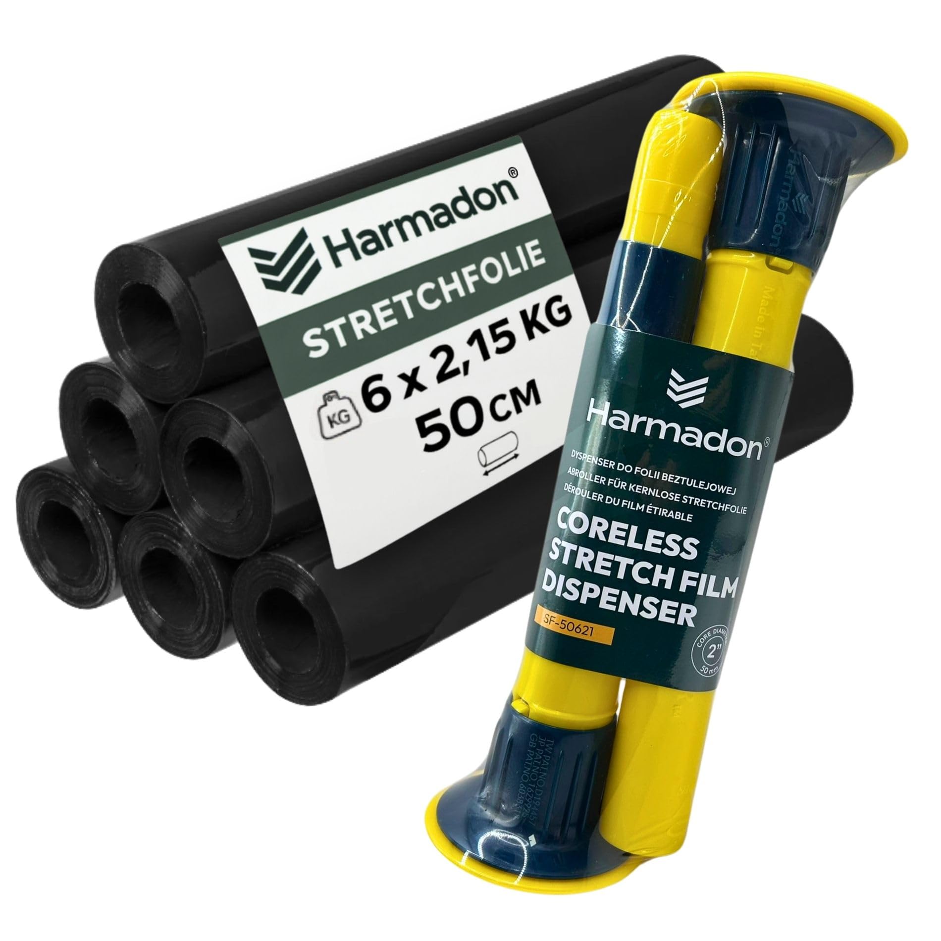 Stretchfolie Schwarz 50 cm mit Abroller - Set mit 6 Stück Verpackungsmaterial und Gleithülse für Stretch - Verpackungsfolie 203m mit Strechfolienrolle Abroller für Lagerarbeiten