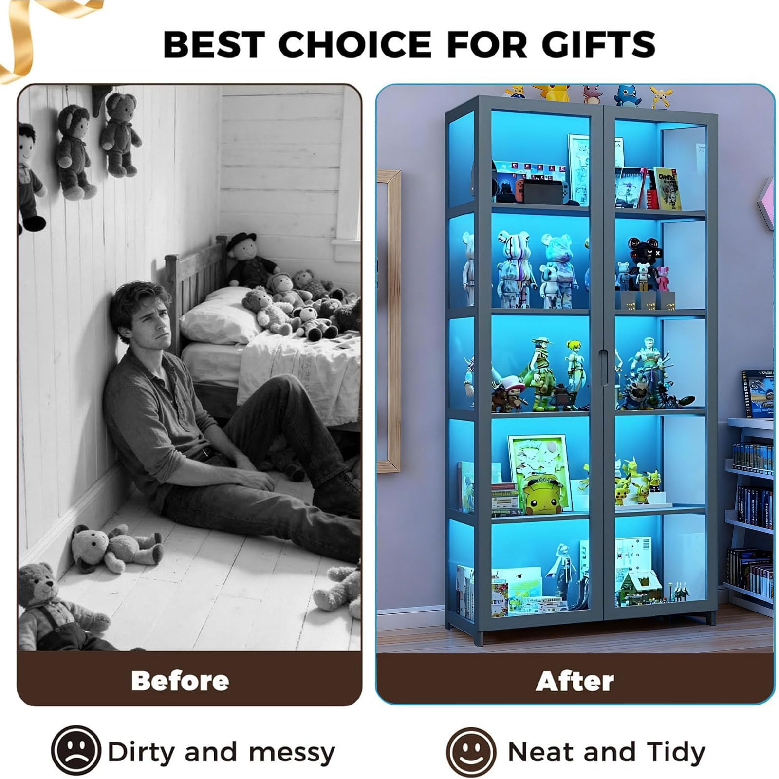 Vitrina con Puertas de Vidrio acrílico, Organizador de Juguetes coleccionables de 5 Niveles y Estante de exhibición, estantería para el hogar, Sala de Juegos, Sala de Estar (Gris-2)