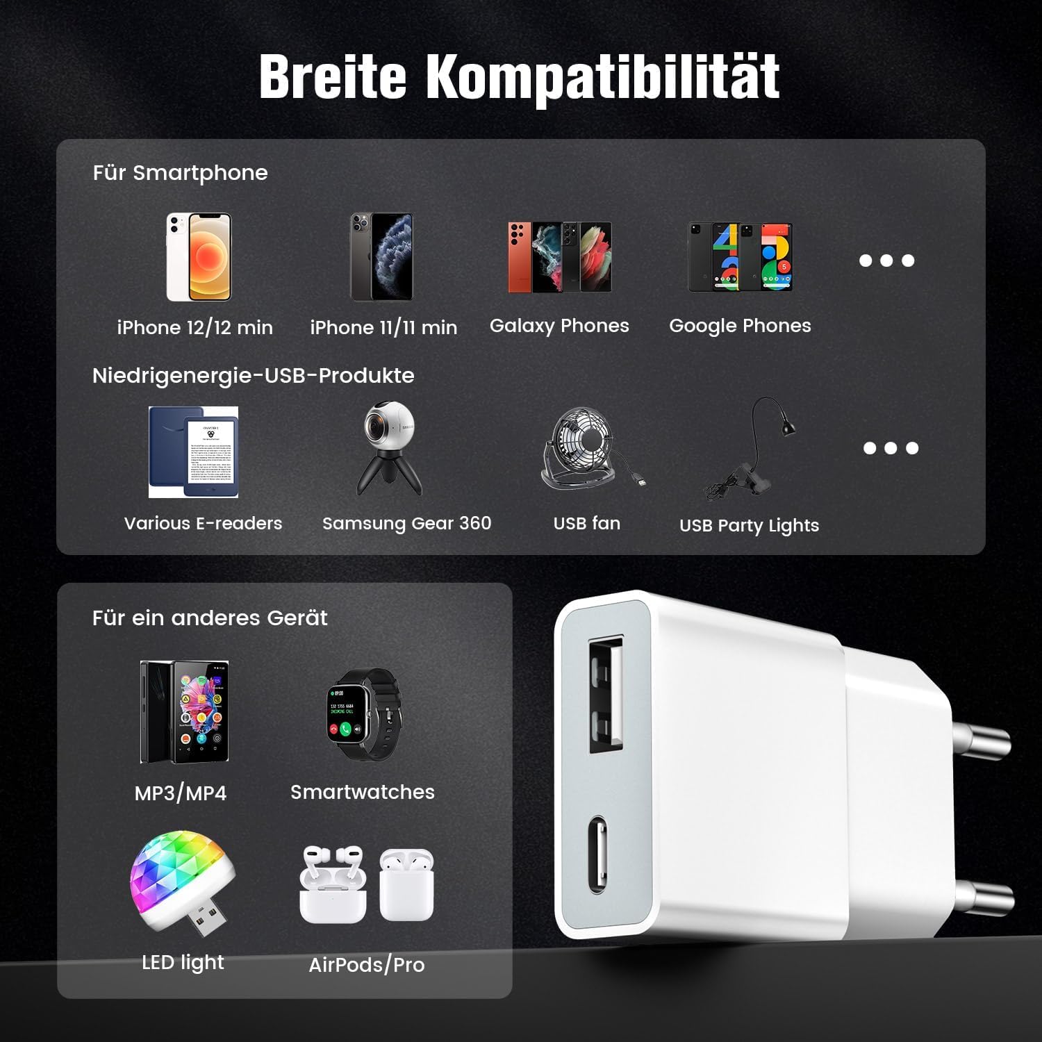 5W USB-Ladegerät ultradünner universeller Ladeadapter (5V 1A) – 2 Ports: USB-C + A (30er Pack) für iPhone, eBook-Readern,elektrischen Zahnbürsten Xperia, Playern & Smartphones– Weiß