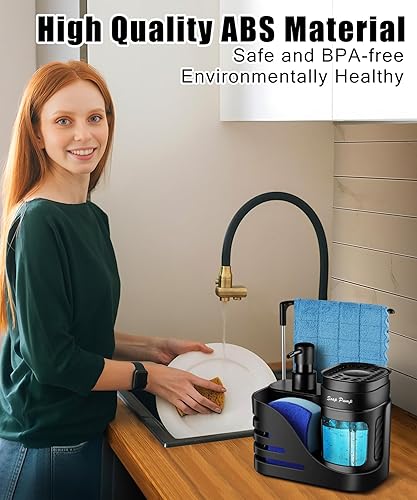 Miniatura 3 de Juego de dispensador de jabón de cocina, 4 en 1, dispensador de jabón doble para manos y platos con soporte para esponja y soporte para paño de