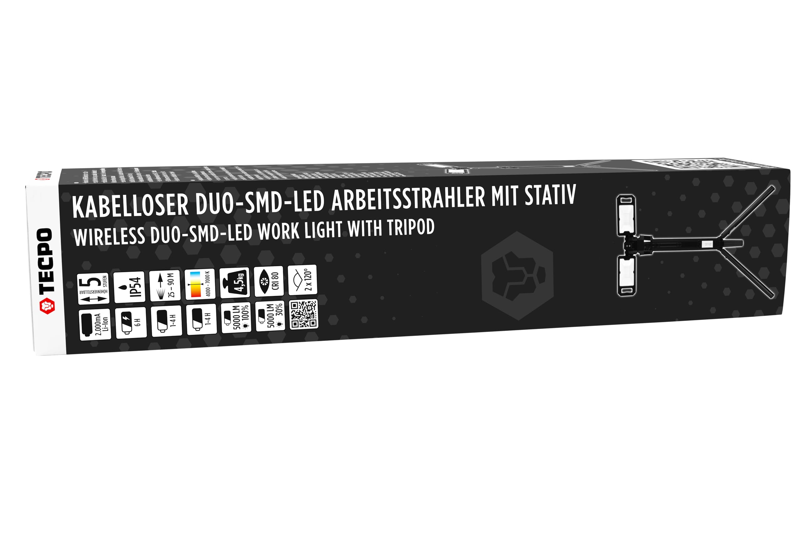 TECPO Foco de trabajo LED Duo de 5000 lúmenes, inalámbrico, con batería y trípode, alcance de hasta 90 m, 7000 K