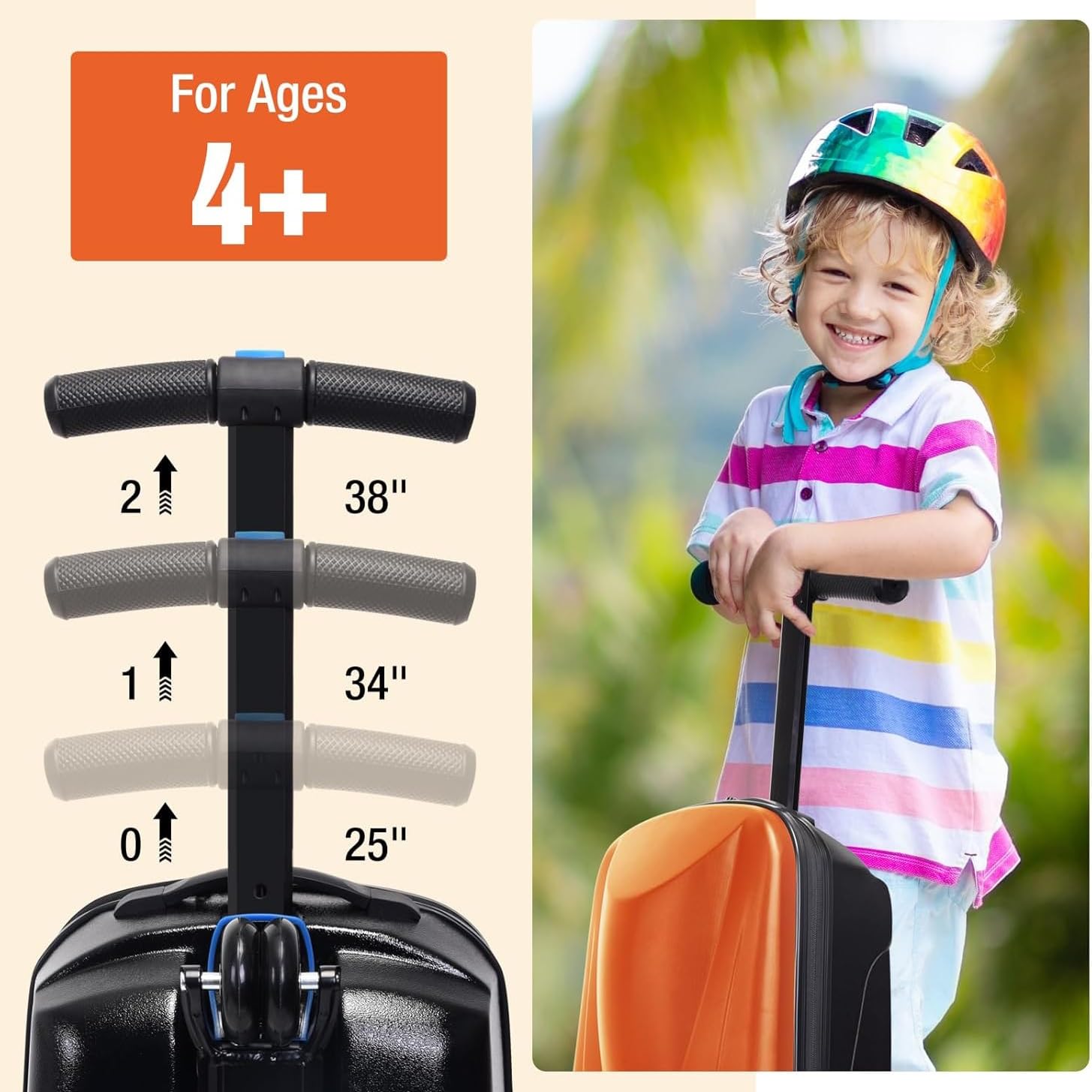 Ride On Luggage Scooter – 2 w 1 składana walizka transportowa dla dzieci w wieku 4-15 lat, wielofunkcyjna podróżna walizka na kółkach, pomarańczowy, M