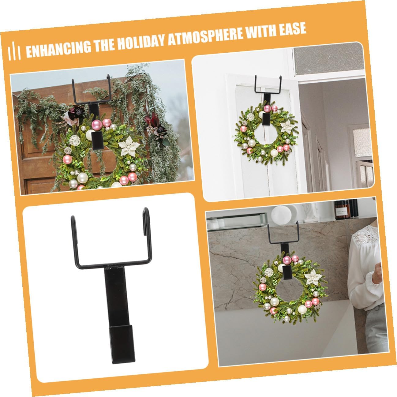 SHINEOFI 4pcs Black Iron Hooks for Door Wreath, Over-the-Door Garland Hanger, Double Hook Design for Front Door Christmas Decorations