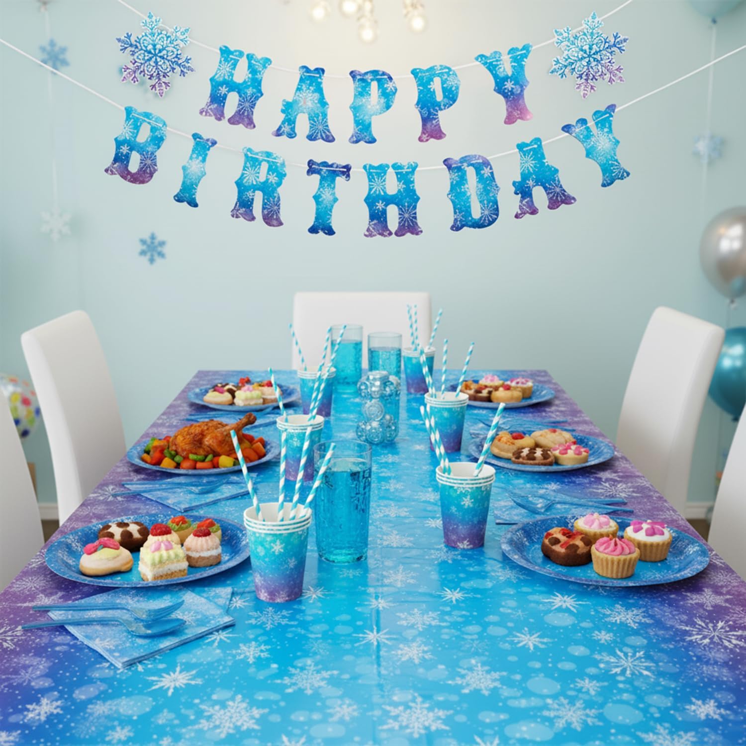 194Pcs Winter Wonderland Birthday Party Decorations, Frozen Snowflake Disposable Tableware Set with Paper Plates Napkins Cups Banner Tablecloth Cutlery for Holiday New Year Party Supplies, Serves 24 - Image 3