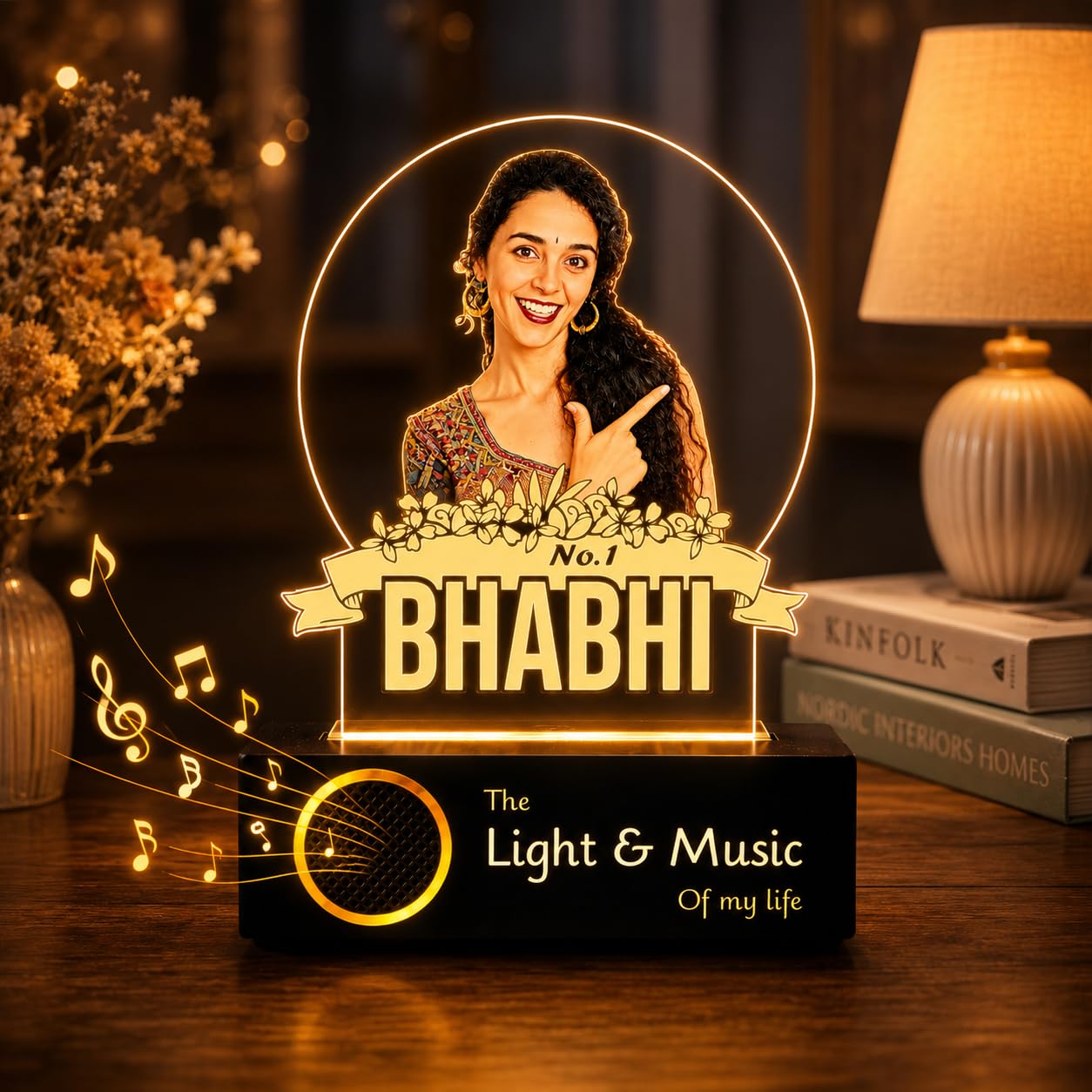 ZOCI VOCI Personalized Rakhi Gift for Bhabhi, HD UV Printed Photo Lamp with Bluetooth Speaker, Warm White LED Acrylic Night Lamp, Custom Picture Gift for Sister-in-Law, Rakshabandhan Gift