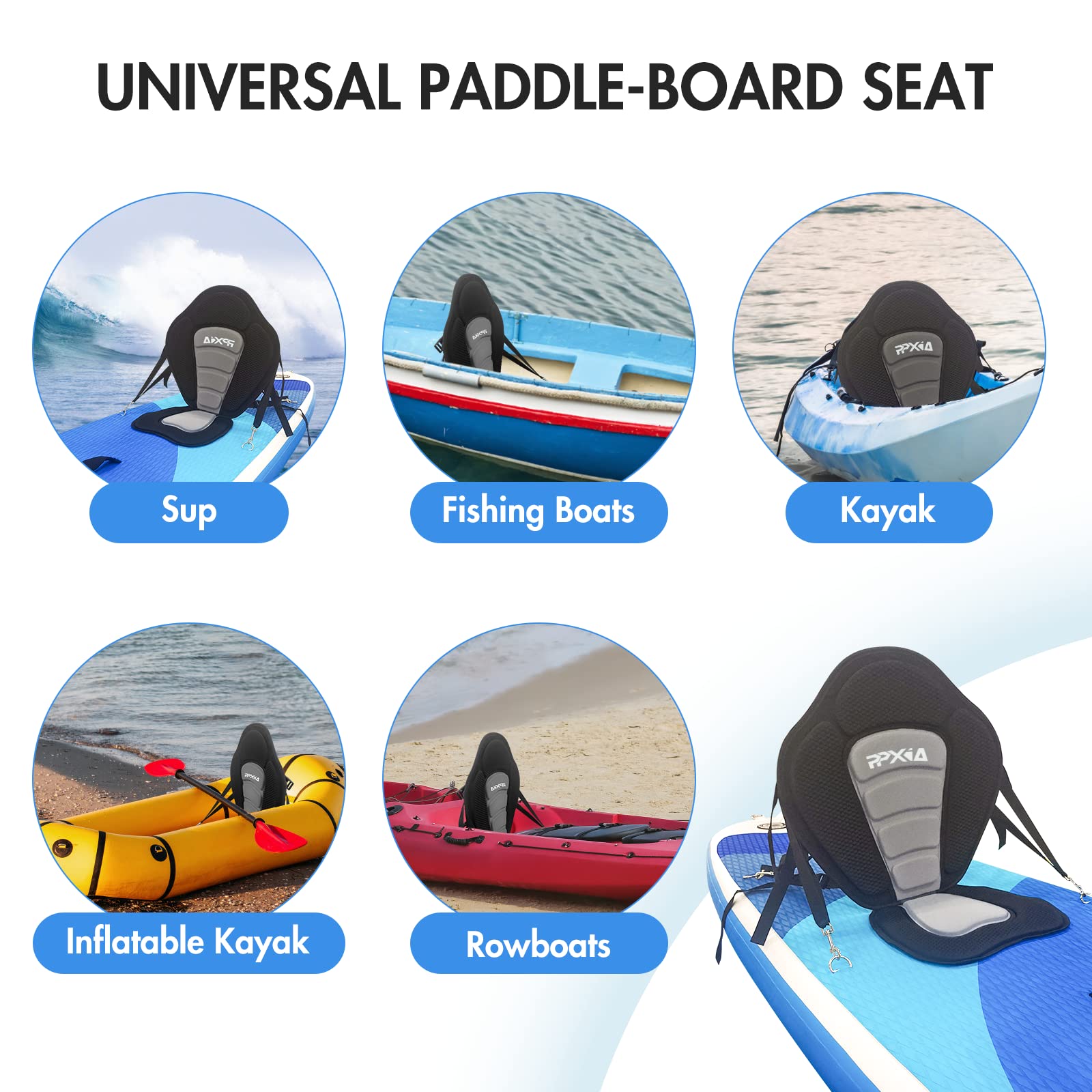 Kajak Sitz, Sup Sitz Universal Abnehmbar Einstellbar Kajaksitz SUP Board Zubehör Stand Up Paddle Board Surfboard Sitz Gepolsterte Sitz 32x38cm, Rückenlehne 51x45cm Kompatibel mit Kajak, Ruderbooten