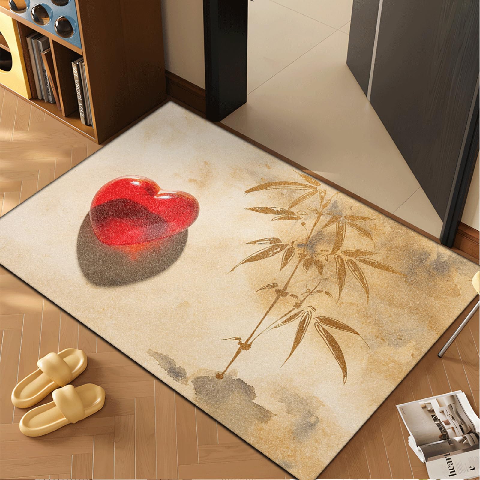 Fussmatte Innen 80x120 cm Beige Bambus Herz Fussmatte Aussen rutschfeste für Hund Eingang Badematte Waschbar Schmutzfangmatte Strapazierfähige und Langlebige Fussmatten Haustür
