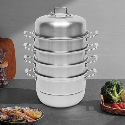 Miniatura 7 de Olla de acero inoxidable, vaporizador de acero inoxidable 304 de 5 niveles con tapa visual, olla multiusos de 2.38 galones con 3 compartimentos al