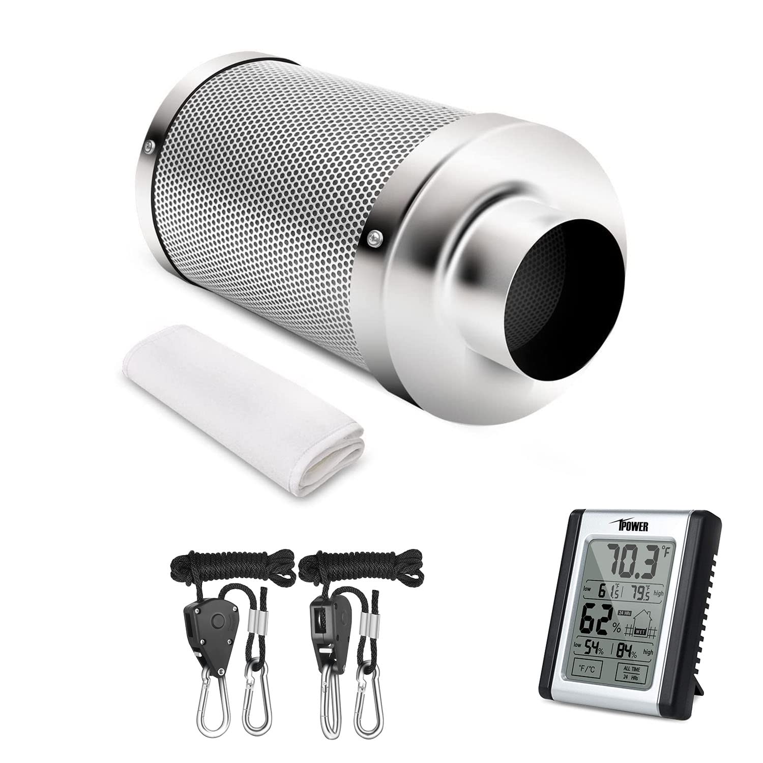 iPower 6 Inch Air Carbon Filter with Australia Virgin C and Rope Hanger & Humidity Monitor for Inline Duct Fan, Grow Tent, Reversible Flange, 6" Filter & Rope & Humidity, Prefilter Included