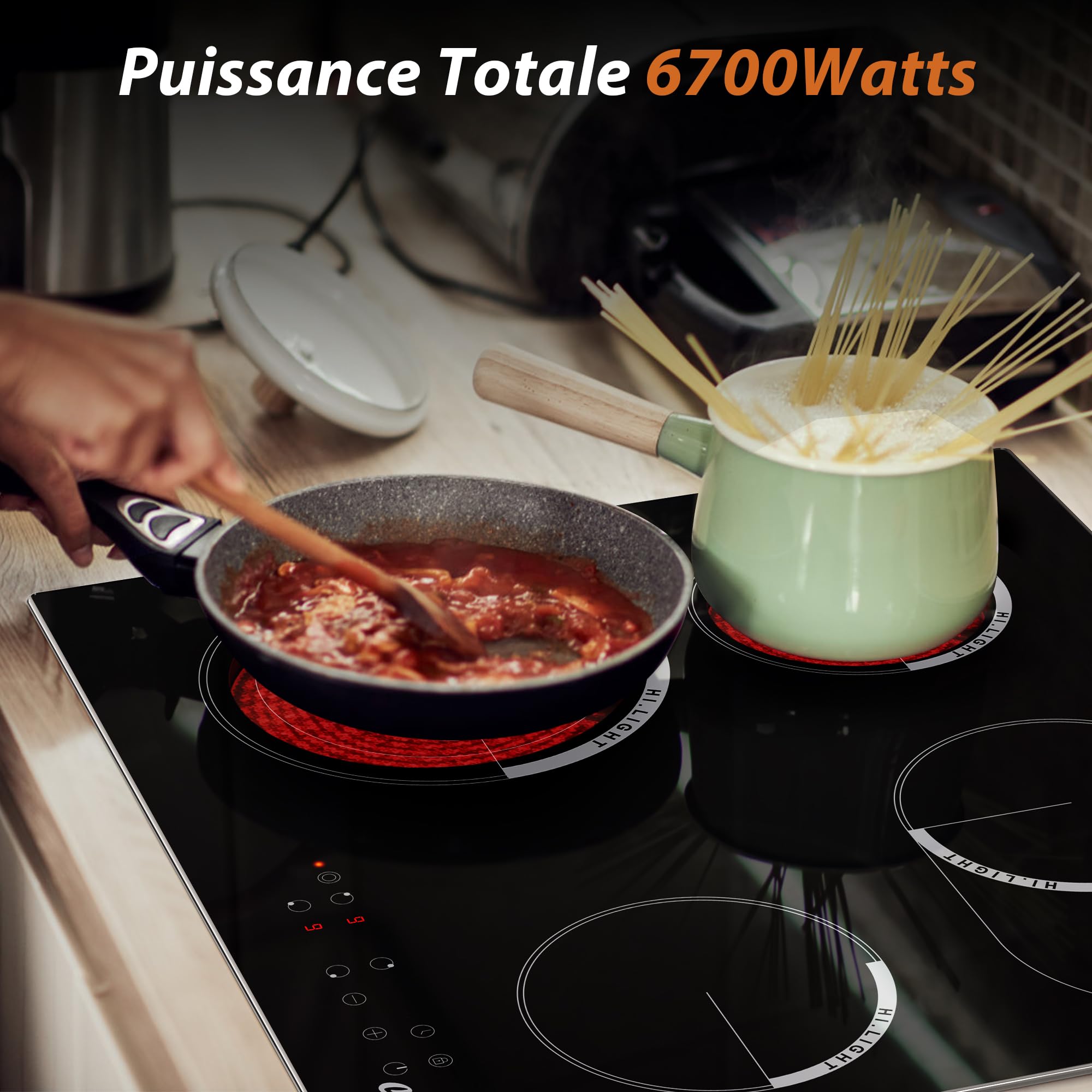 Plaque Vitrocéramique 4 Feux avec Zone Ovale | Plaque de Cuisson Electrique Encastrable 60cm, avec Cadre Métallique, 6700W, Minuterie, Verrouillage de Sécurité, 220V