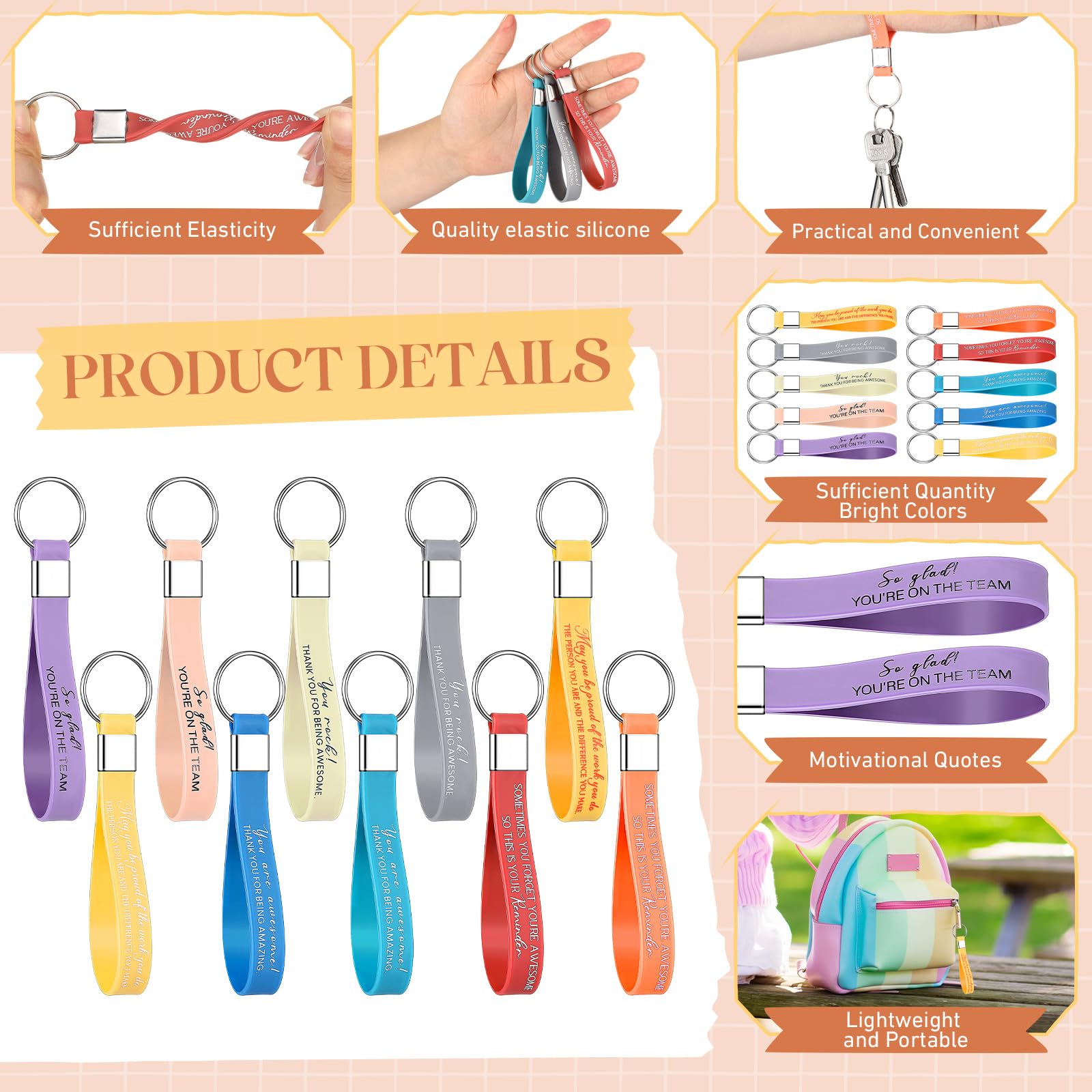 Tenare 20 Pcs Employee Appreciation Gifts Bulk Keychain Rubber Silicone Bulk Keychain with Inspirational Quote Thank You Gift Bulk Staff Appreciation Gift for Teacher Nurse (Bright Color,Stylish) - Image 4