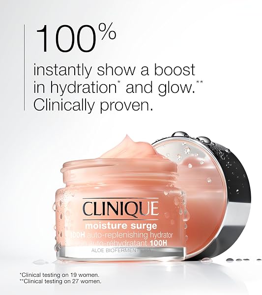 Close-up of Clinique Moisture Surge 100H moisturizer texture on fingertips.
