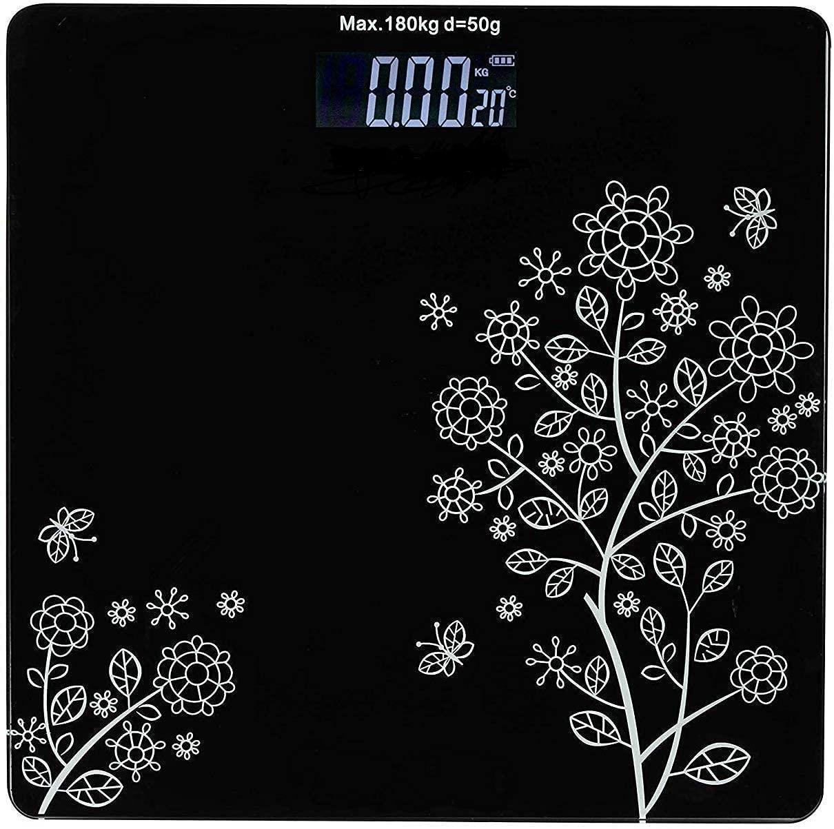 Digital Body Weight Scale 180Kg Capacity with 8mm Tempered Glass Platform, LCD Display, High Precision Sensors, Auto On Off, Electronic Bathroom Weighing Machine with 2 AAA Batteries, Black Floral-image-10