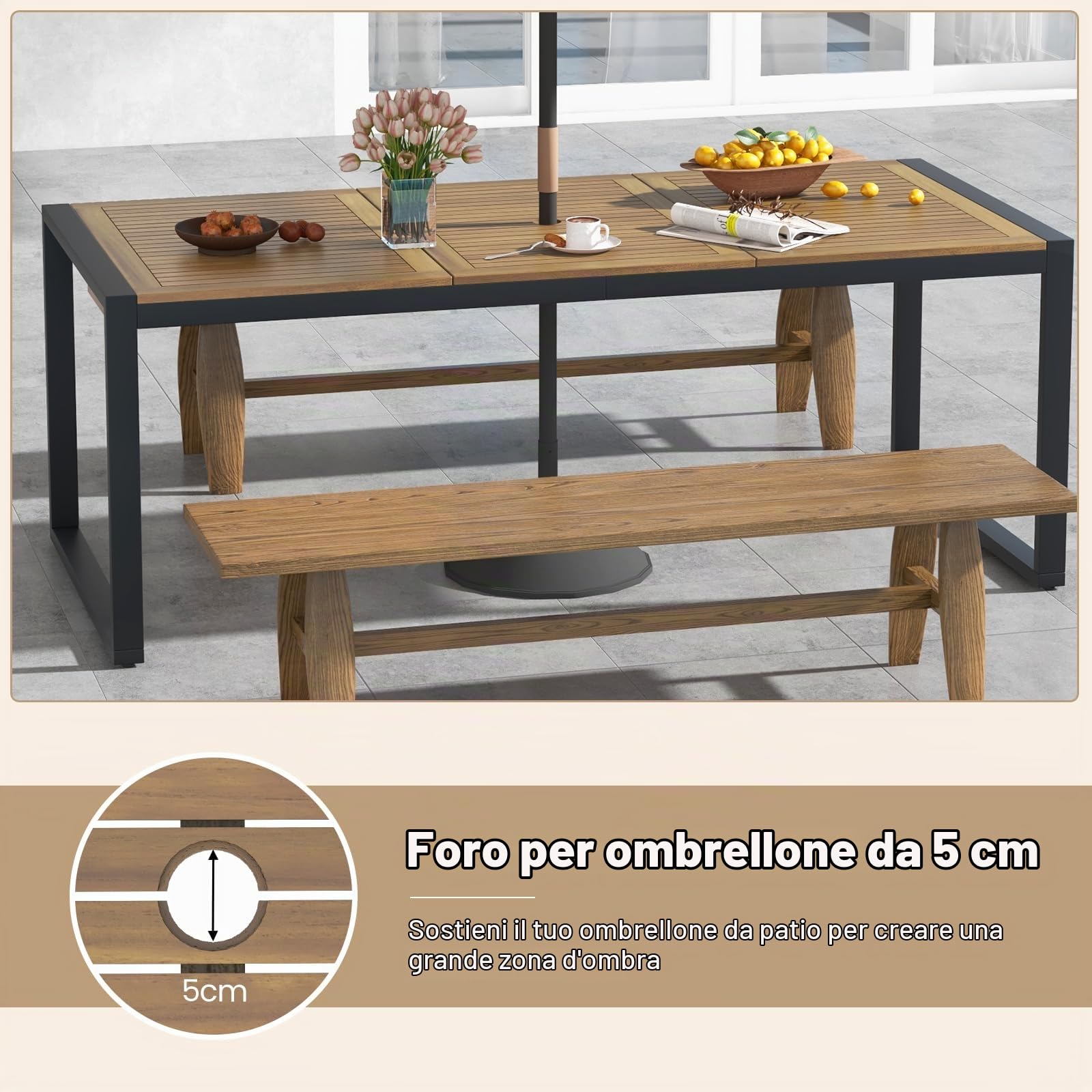 KOMFOTTEU Tavolo da Giardino con Foro per Ombrellone | Tavolo da Pranzo a 8 Posti in Legno di Acacia e Metallo, Tavolo Rettangolare, Piedini Regolabili, per Esterno, 200x90x75 cm
