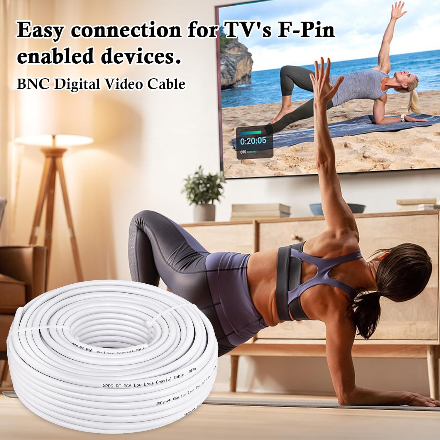 XRDS -RF RG6 Dual Shield Cable 200FT, 18 AWG 75 Ohm Bare Copper Conductor RG6 Coaxial Cable (200 feet, White)