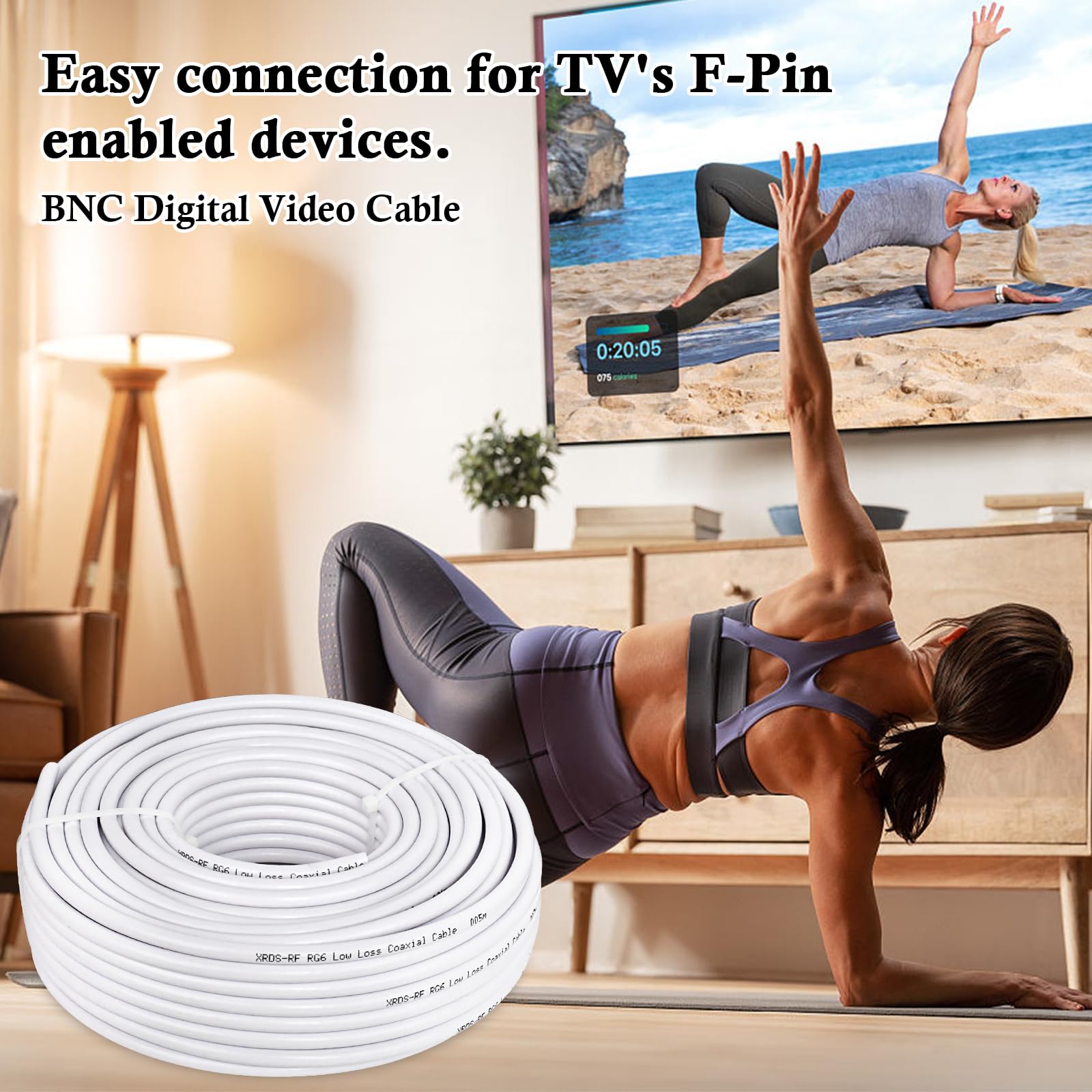 XRDS -RF Câble coaxial RG6 à double blindage de 30,5 m, 18 AWG 75 Ohm, conducteur en cuivre nu RG6 (30,5 m, blanc)
