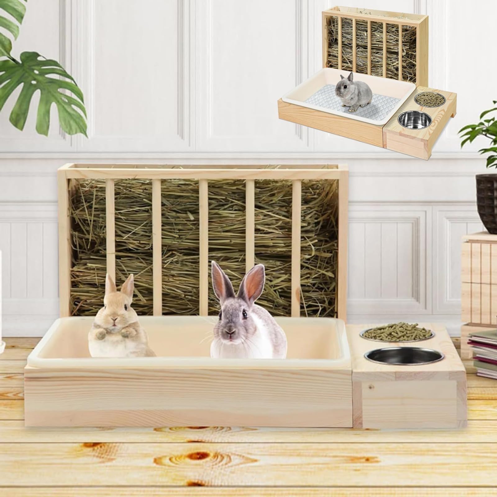 Mangiatoia per fieno 4 in 1 per conigli, con lettiera, ciotola per cibo per conigli, criceti, mangiatoia per fieno in legno per piccoli animali domestici