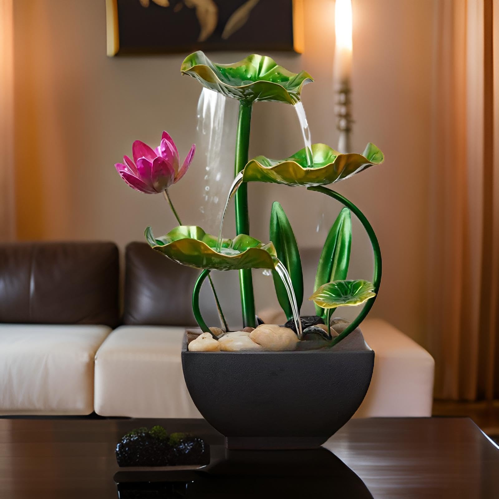Fontana d'acqua da tavolo per interni da 25 cm, con 4 livelli di acqua fluente e 10 cristalli per meditazione, relax e buona fortuna, cerchio di luci soffuse (cartamo escl. 5 pietre))