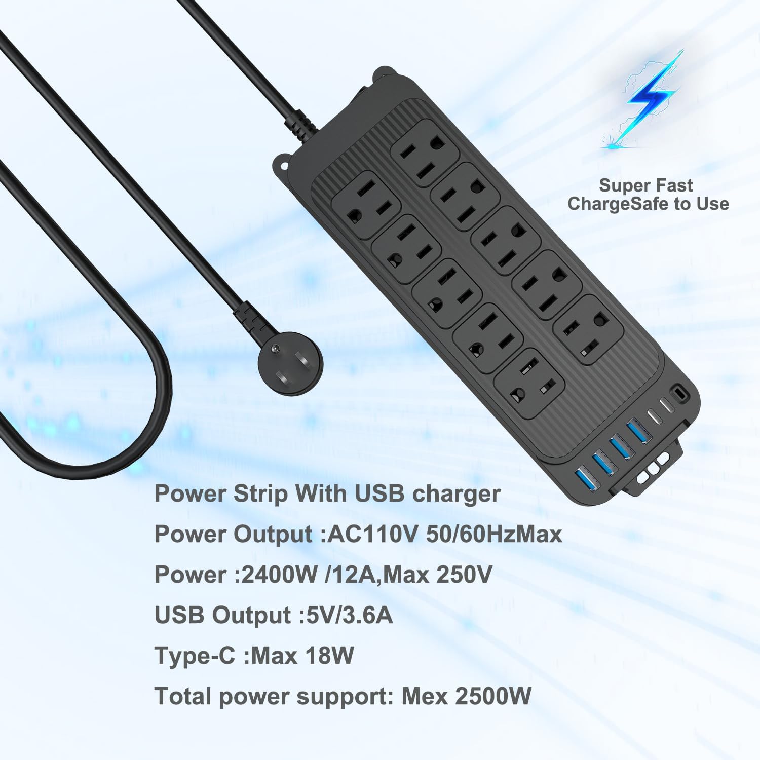 Power Strip Surge Protector, 10 Outlets with 4 USB and 2 Type C Port for Multiple Devices, 3.9ft Extension Cord, 18W Power Delivery Charging for Home, Office, Dorm Essential