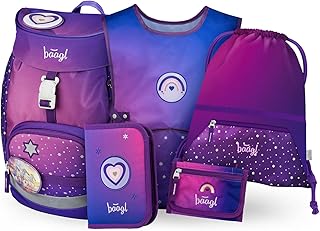 Baagl School Bag Boys Girls Set of 5 (Airy School Bag for 1st Grade, Pencil Case, Gym Bag, Apron, Neck Pouch), Primary School Satchel, Ergonomic School Backpack, 16.5 L