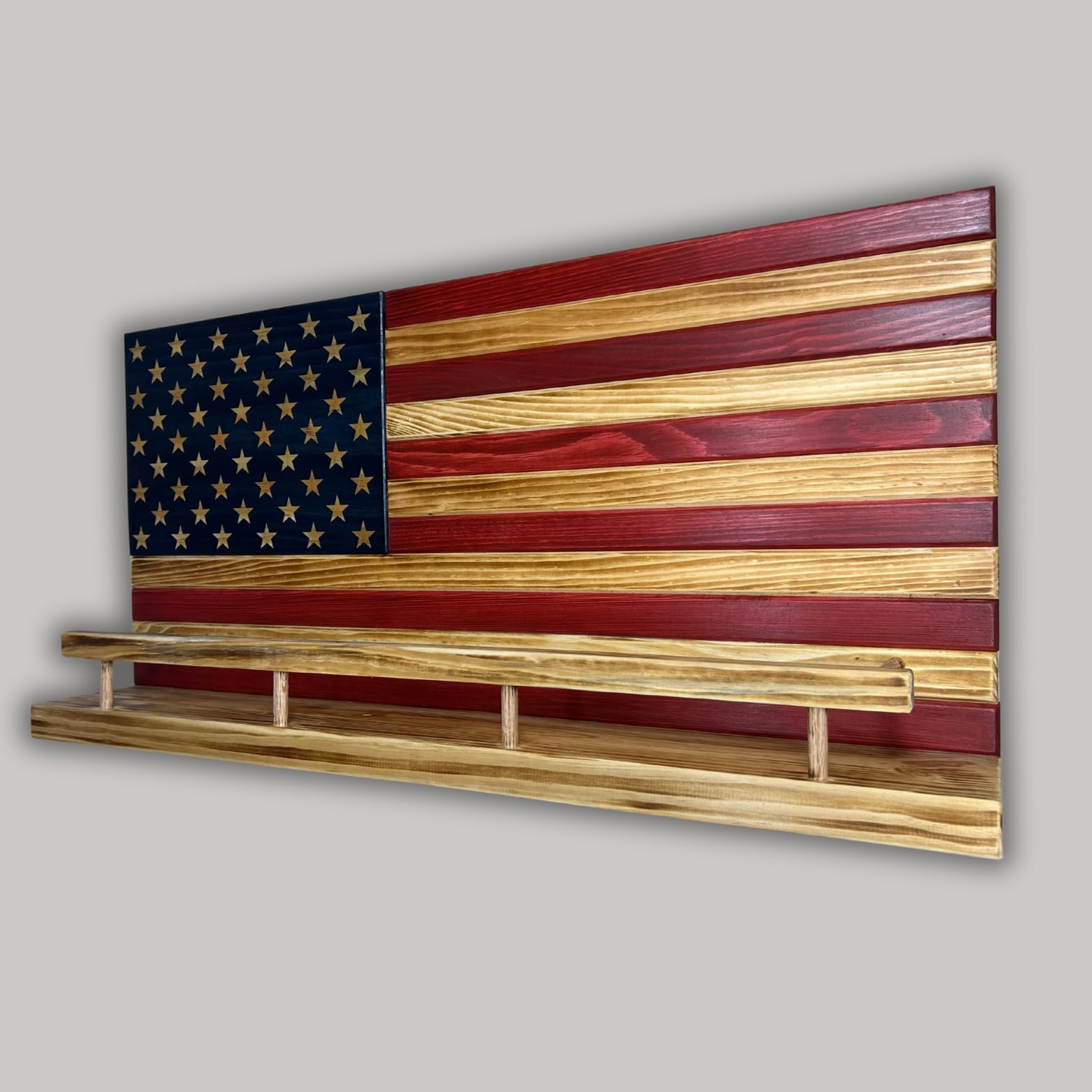 Condition photo showing As Is for handmade wooden american flag shelf - rustic wall-mounted liquor shelf, wine rack, trophy display - patriotic home decor shelf - 37"x19" with 4.25" deep storage space (red/white/blue)