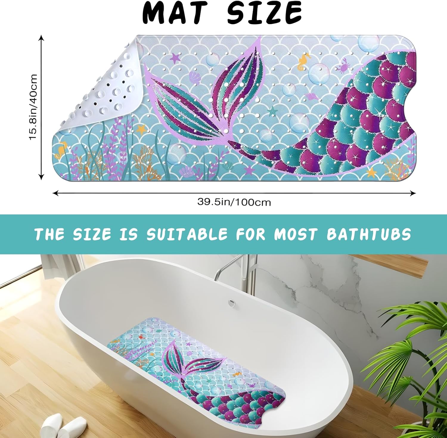 Mermaid Bathtub Mat Non Slip, Cute Baby Bath Mat for Tub Rubber Tub Mat, Kids Bath Mats for Bathroom Little Girls Anti Slip Shower Mat with Suction and Drain Holes Machine Washable, 40″X16″