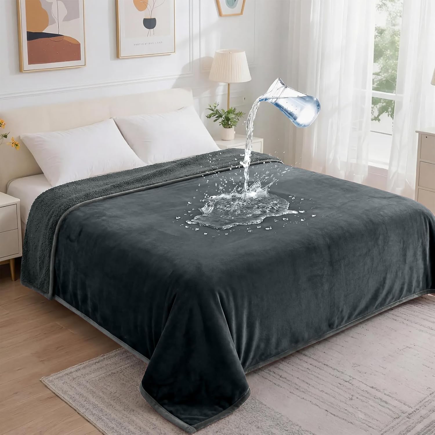 Waterproof Blanket for Bed - Blanket with Waterproof & Stain Proof, Splash Resistant, Machine-Washable Flannel is Soft and Comfortable, Suitable for Sofa (60"x80", Silver Gray/Dark Gray)