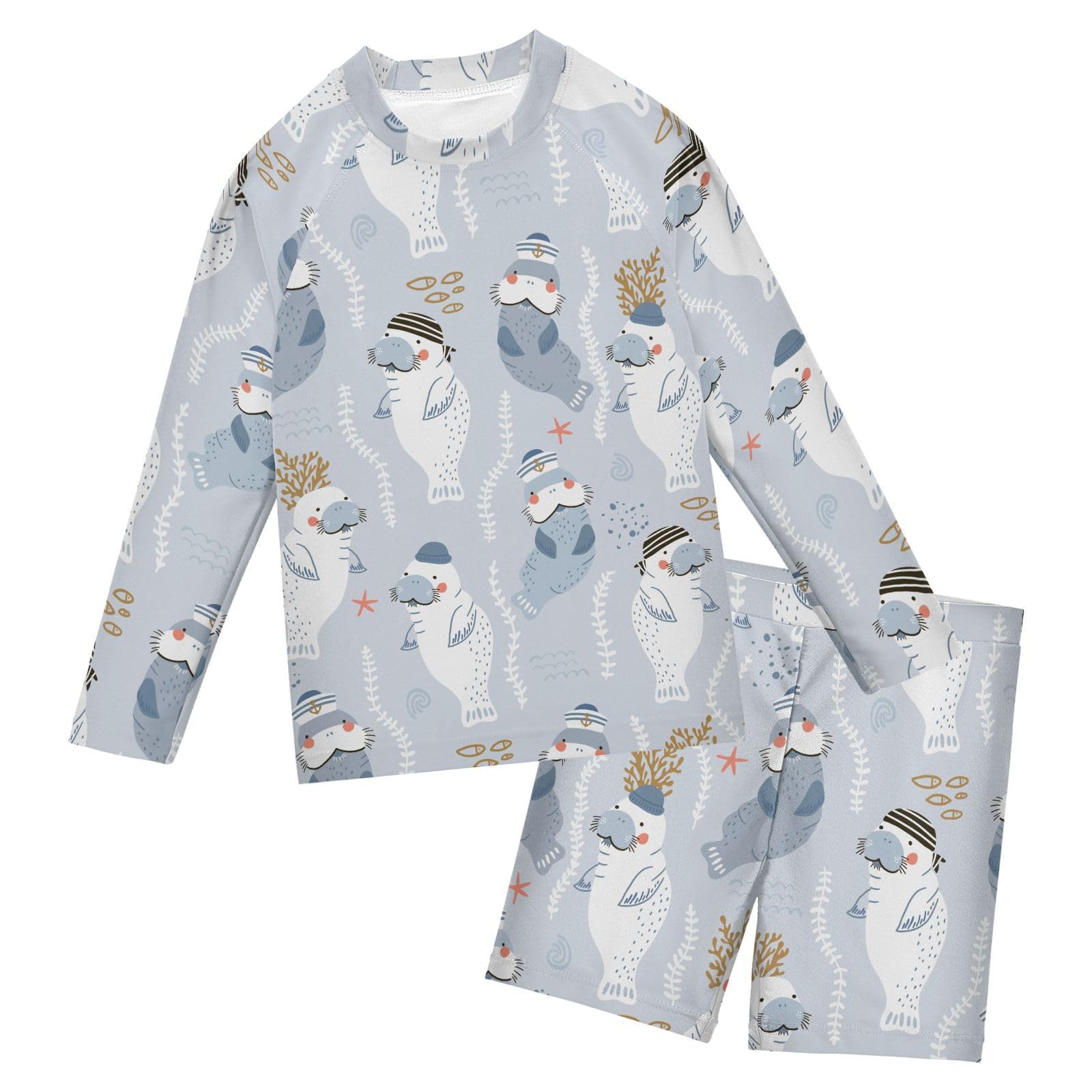 Aflyko Boys' Rash Guard Set Manatee Scandinavia Coral SPF 50+ Sun Protection 2 Piece Swimsuit