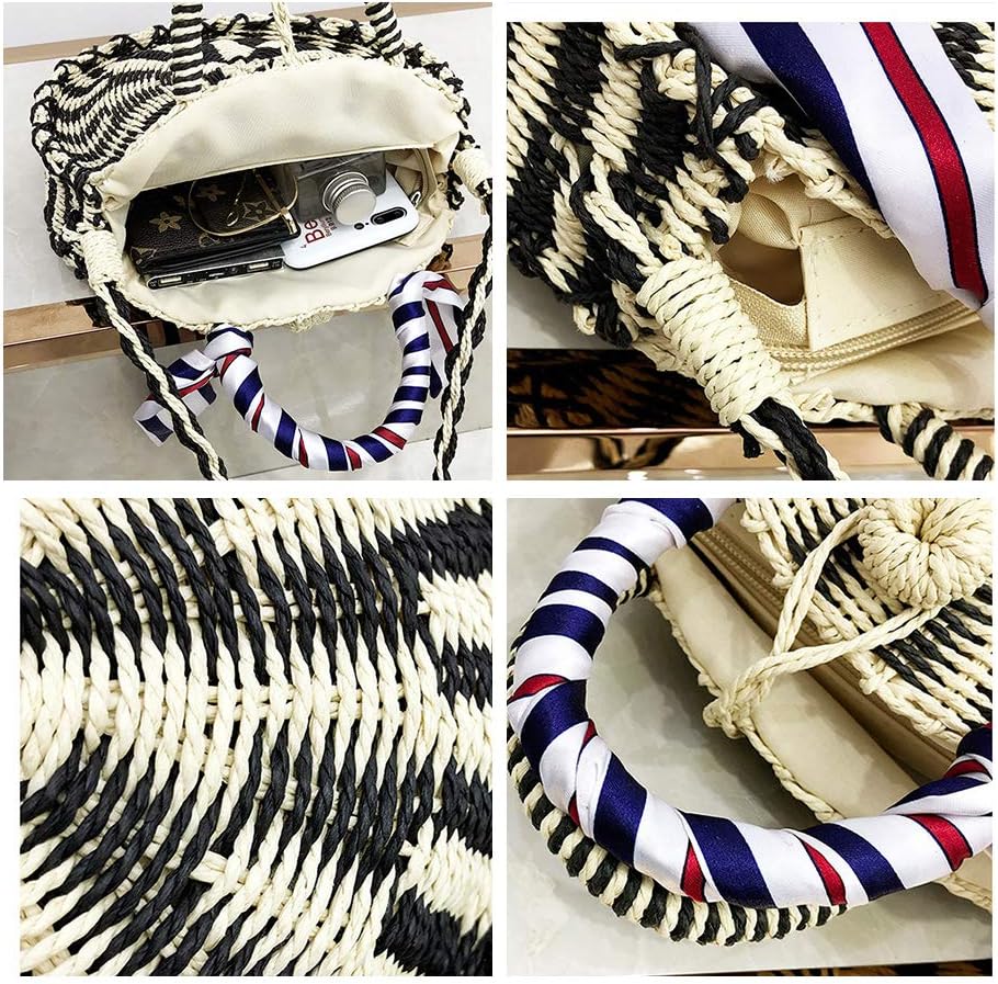 Women Straw Summer Beach Tote Bag Hand-woven Round Rattan Bag Cross Body Bag Shoulder Messenger Satchel (Black&Beige)
