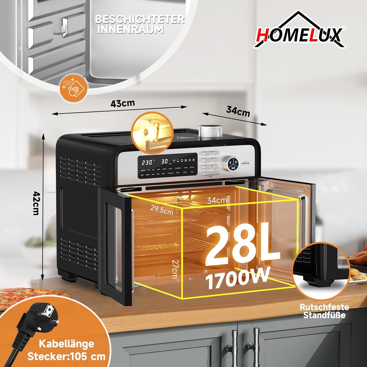 Diagram showing the dimensions of the HOMELUX Air Fryer Oven (34x43x42 cm), 28L capacity, 1700W power, cable length, and non-slip feet.