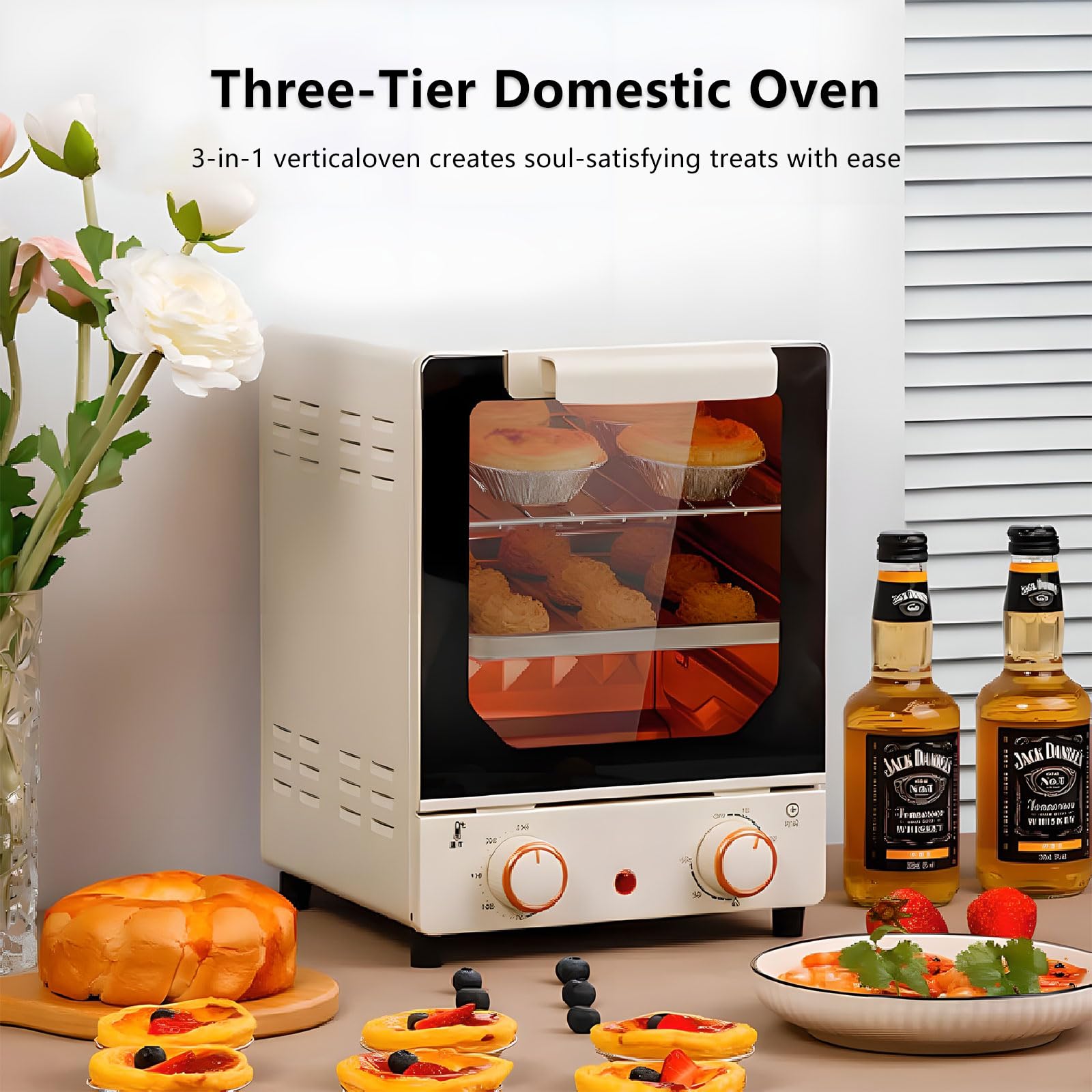 Forno verticale multistrato con riscaldamento al quarzo e isolamento in vetro a specchio, sistema a 3 ripiani, temperatura e timer regolabili, compatto per cucine di piccole dimensioni