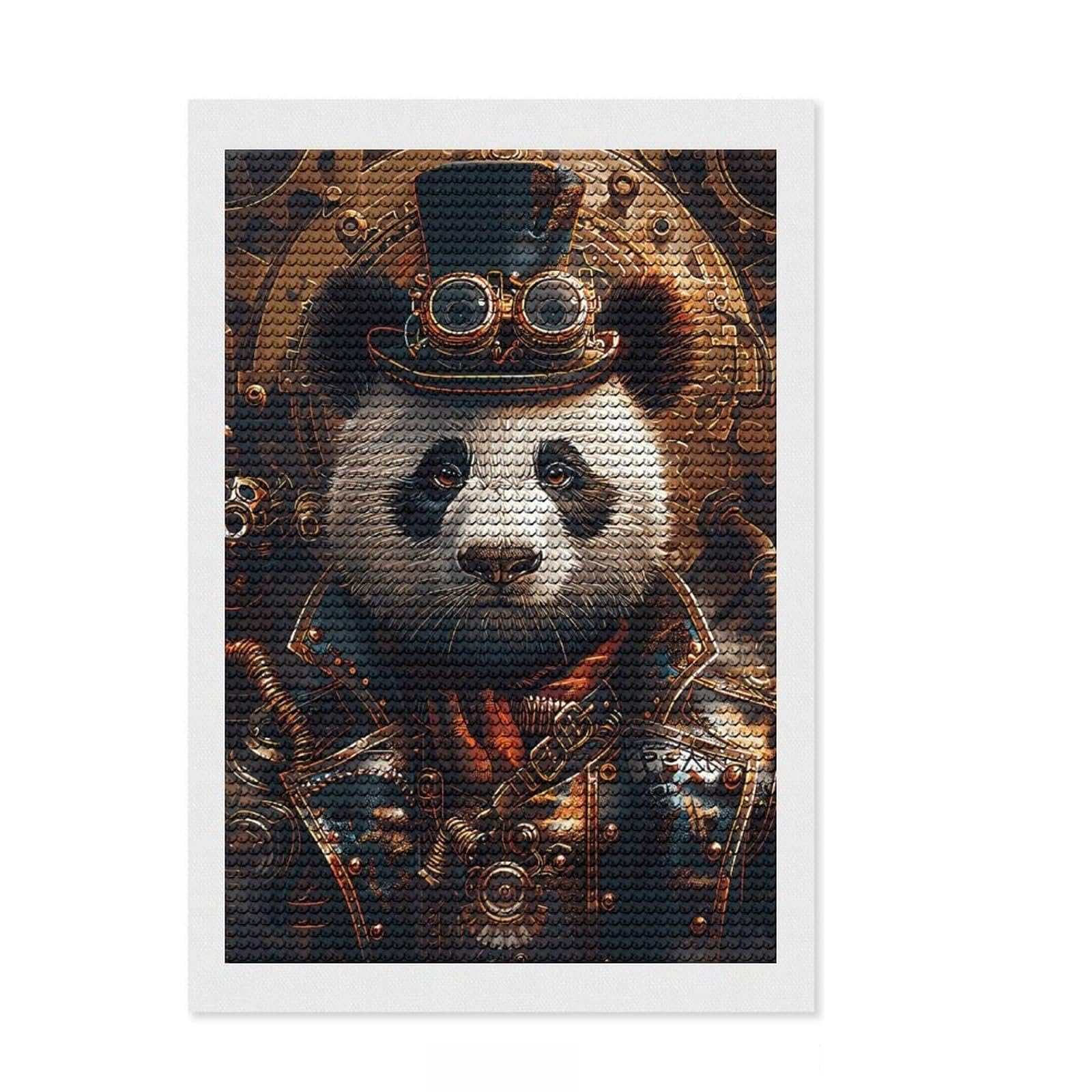 Junmoney Steampunk Animal Panda Diamond Painting Kit 8"x12", Festive Craft Gift, for Family Craft Time, Printed Canvas, Cosy Home Accent