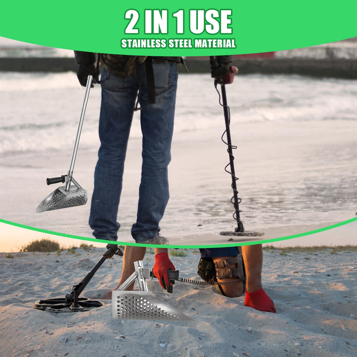 Pala para Arena con Detector de Metales, Cuchara de Arena para Detectar con Mango Largo Acero Inoxidable de Mano Metal Detecting Scoop para Cazar Tesoros Adultos