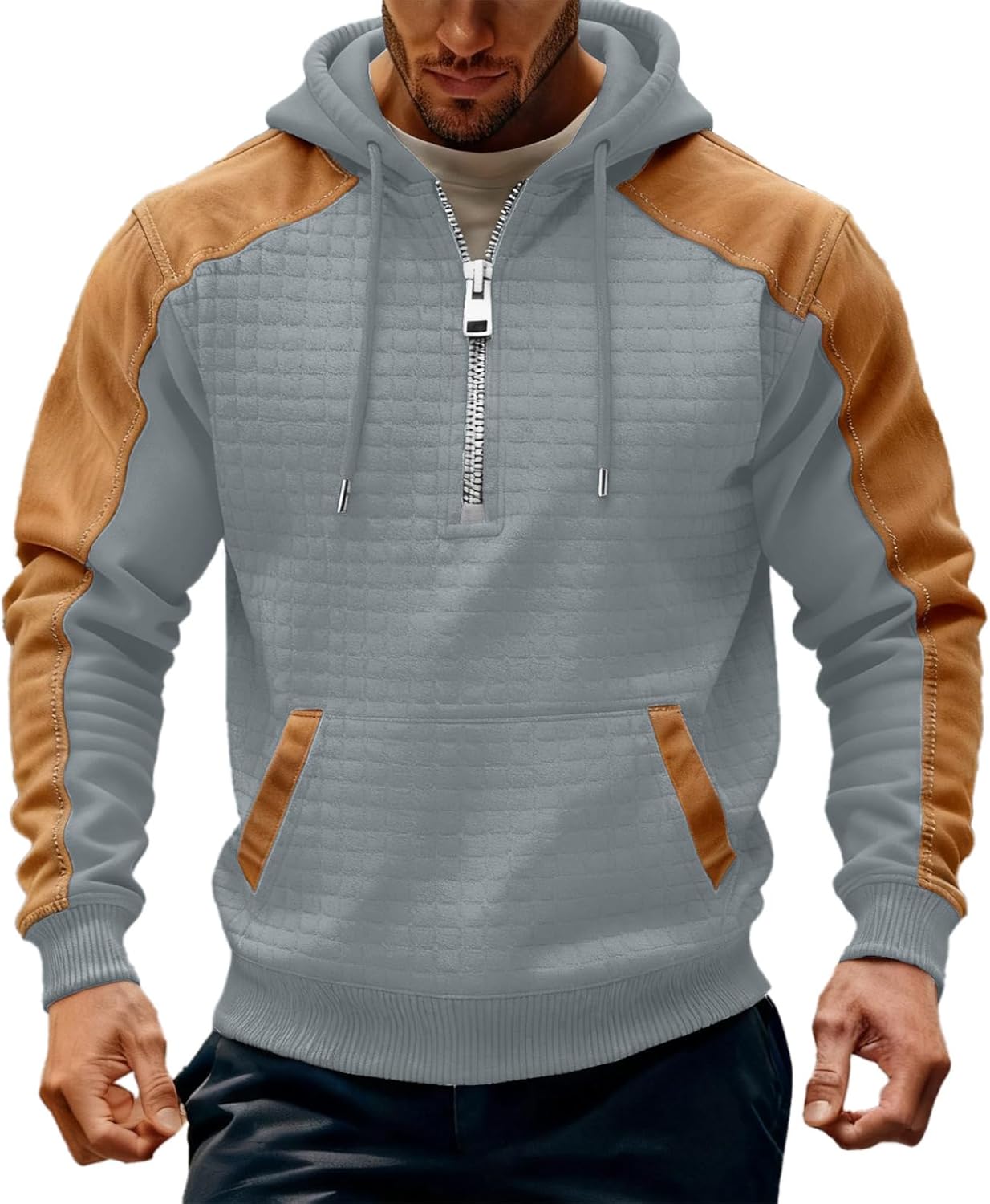 DEEX Men's Heavy Pullover Hoodie Casual Long Sleeve Drawstring Waffle Quarter Zip Winter Hooded Sweatshirts with Pockets