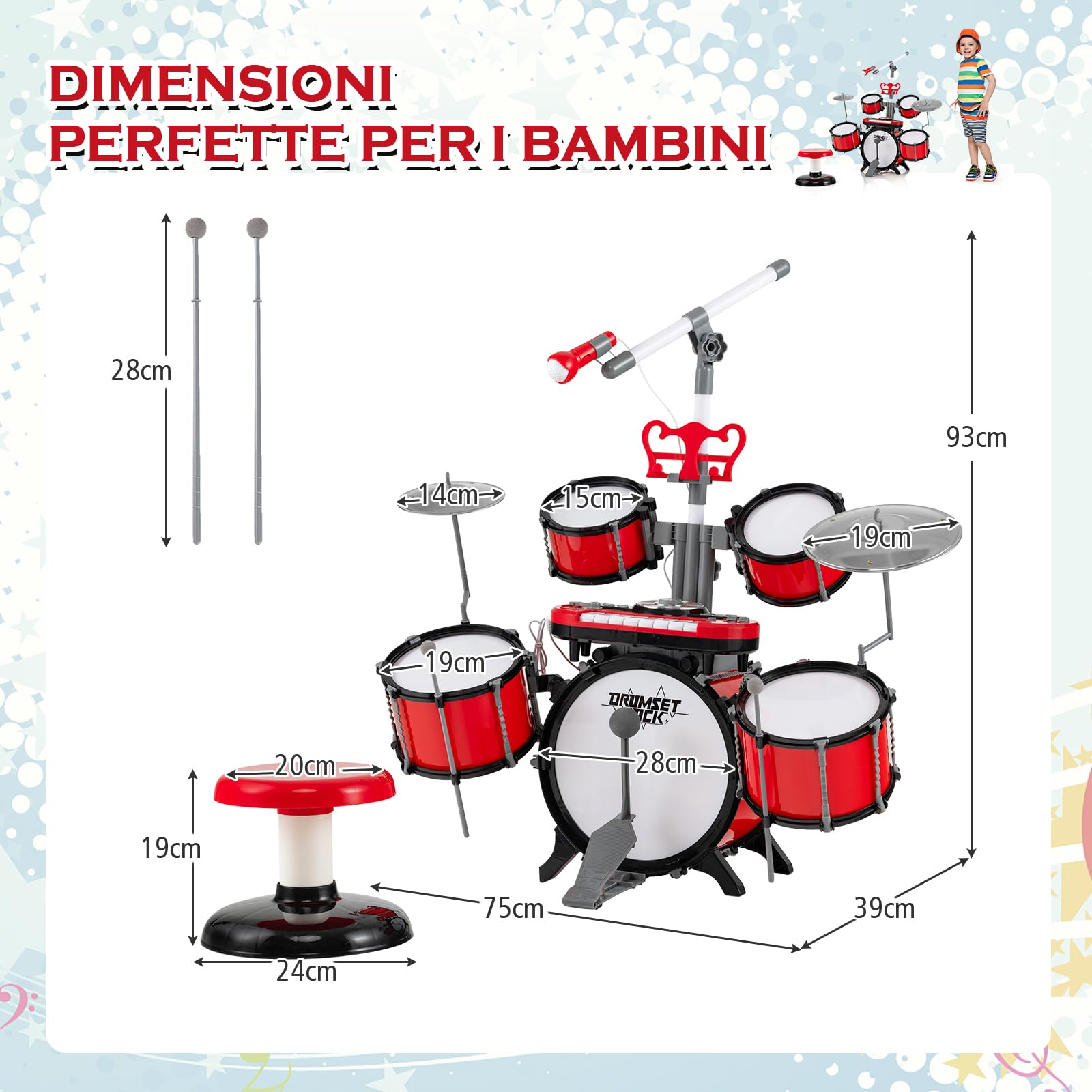 RELAX4LIFE Set di Batteria per Bambini, Giocattoli Musicali Elettronici con Tastiera e Microfono, Batteria Jazz con Sgabello per Bambini 3+ Anni, Rosso