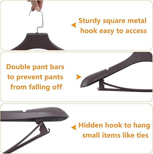 Miniatura 3 de DEDU Paquete de 15 perchas de traje para hombres, perchas marrones extra anchas antideslizantes de ancho 17.7 pulgadas, plástico grueso con barra