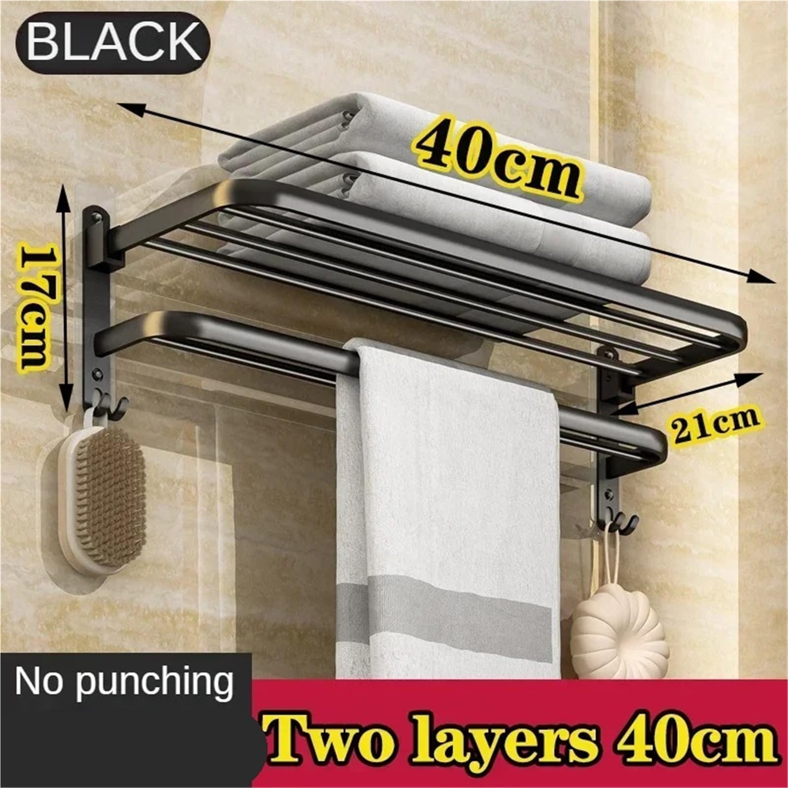 Estante de Almacenamiento for Inodoro 40-60CM, toallero Plegable montado en la Pared no Perforado, baño Aluminio con Espacio Gris para Toallas(2-40CM)