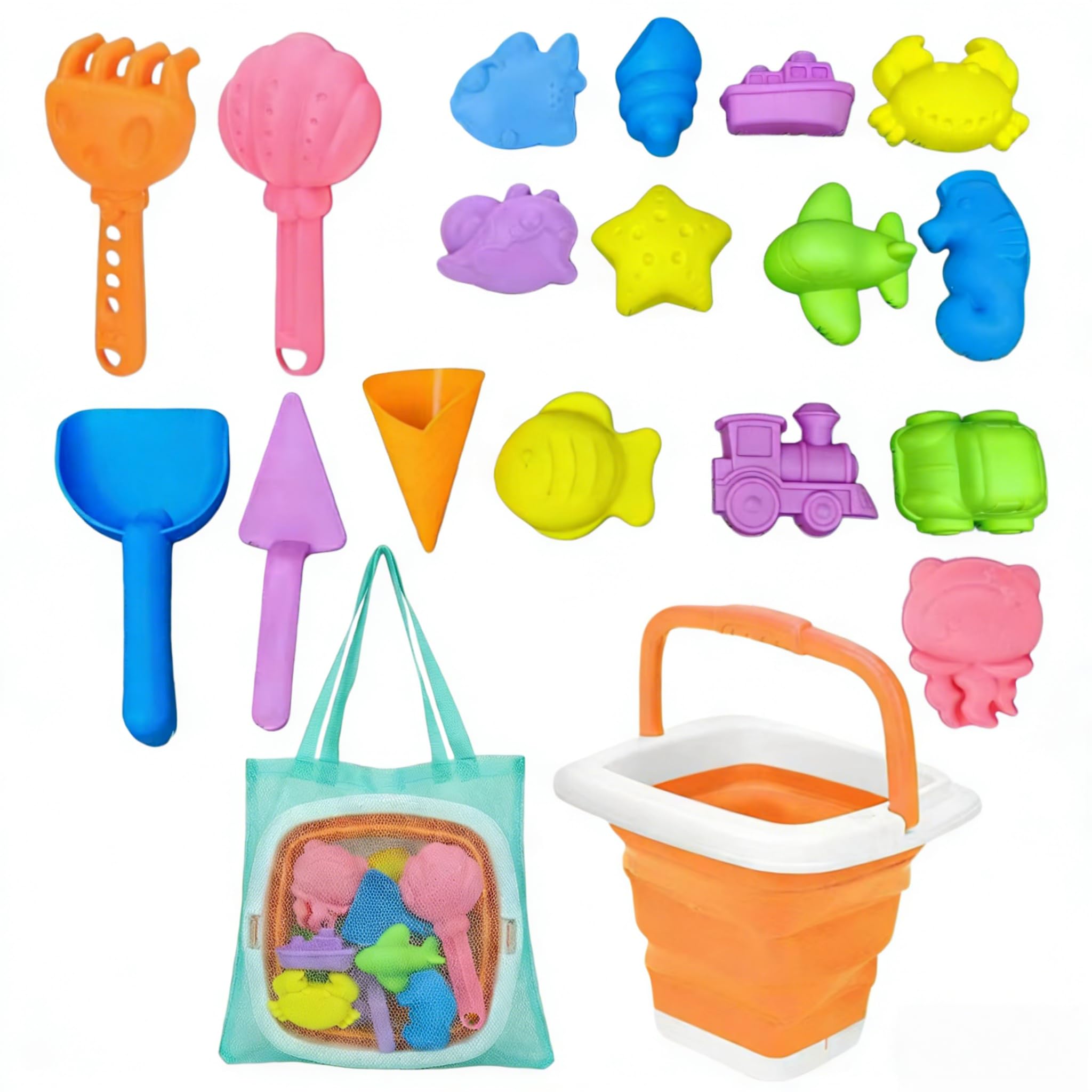Juego de juguetes de arena 19 piezas, juguetes para la playa para niños - cubo plegable con pala de arena | Juguete de caja de arena con bolsa de malla para playa, viaje,regalo a partir de 3 (azul) — view 9