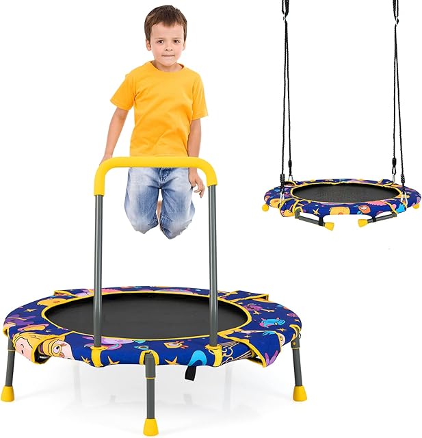 GYMAX 2 in 1 Trampoline for Toddlers, Height Adjustable Children Tree Swings, Nest Swing and Outdoor Kids Trampoline with Handle