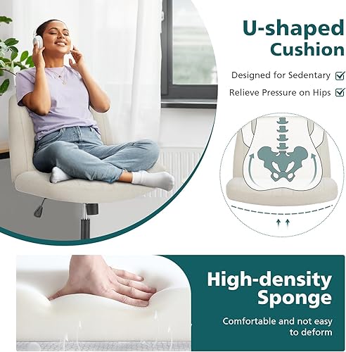 Miniatura 7 de OLIXIS Silla cruzada con ruedas anchas con patas cruzadas, silla de escritorio de oficina, cómoda silla de tela sin brazos ajustable giratoria para