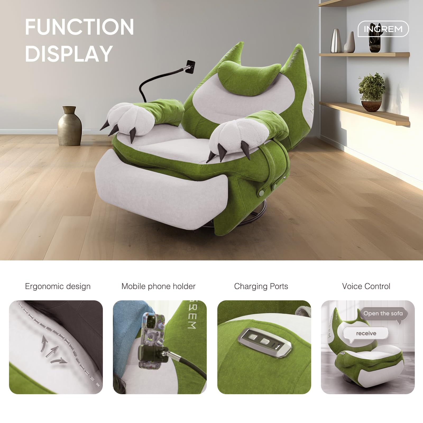 INGREM Smart Recliner with Adjustable Settings, Voice-Activated Home Theater Gaming Seat Rocker, Electric Lounge Chair Featuring USB Port ,Phone Holder and Cat Claw Armrest ()