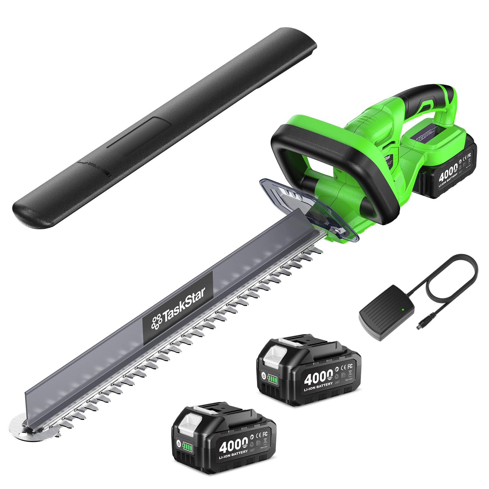 TaskStar Cortasetos a Batería 56CM: Cortasetos Eléctrico con Mango Giratorio, Recogedor de Ramas, 2 Baterías Recargables de 4.0Ah, Cuchilla de Doble Acción, Cortasetos para Jardín y Arbustos