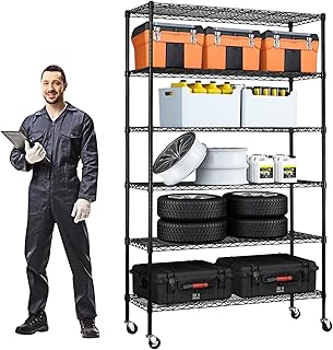 48" x 18" x 82" Metal Shelving Unit NSF Storage Racks with Wheels/Leveling Feet 6 Shelf Adjustable Heavy Duty Garage Shelves for Kitchen Basement, 2100LB Capacity, Black