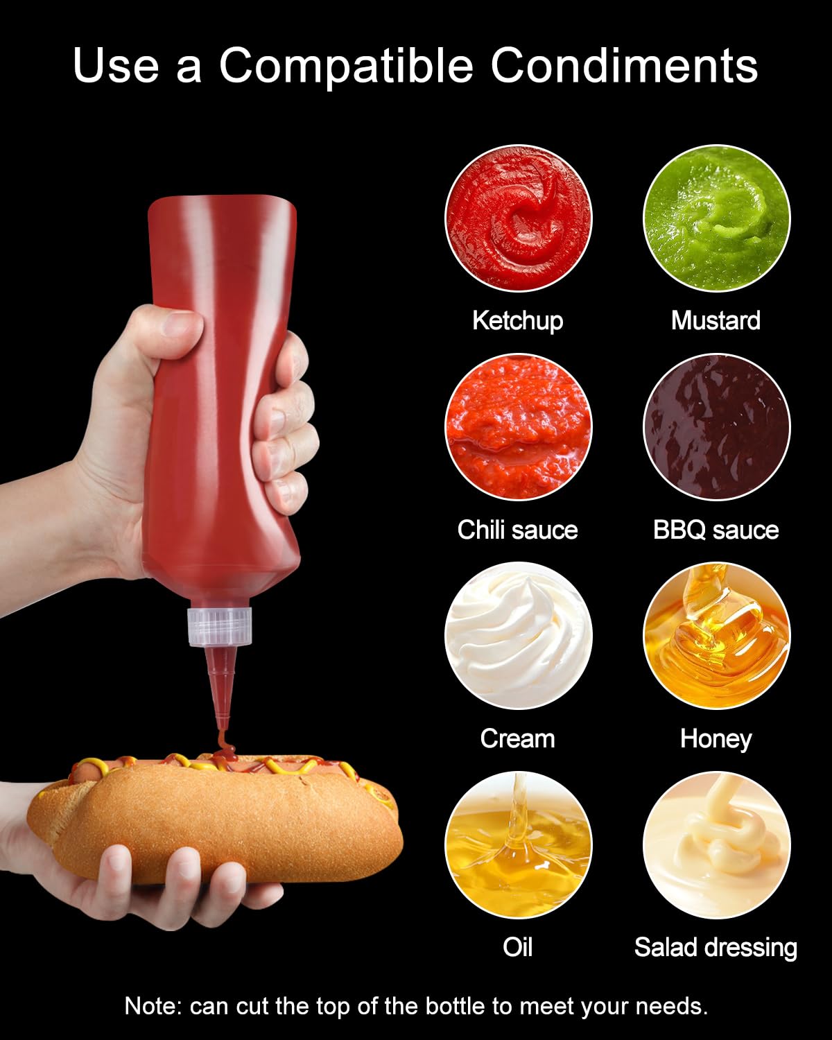 Botellas exprimibles, botellas de plástico de 8 onzas con etiquetas, embudos y cepillo para líquidos, salsas, aceite de salsa de tomate, paquete de 6 5