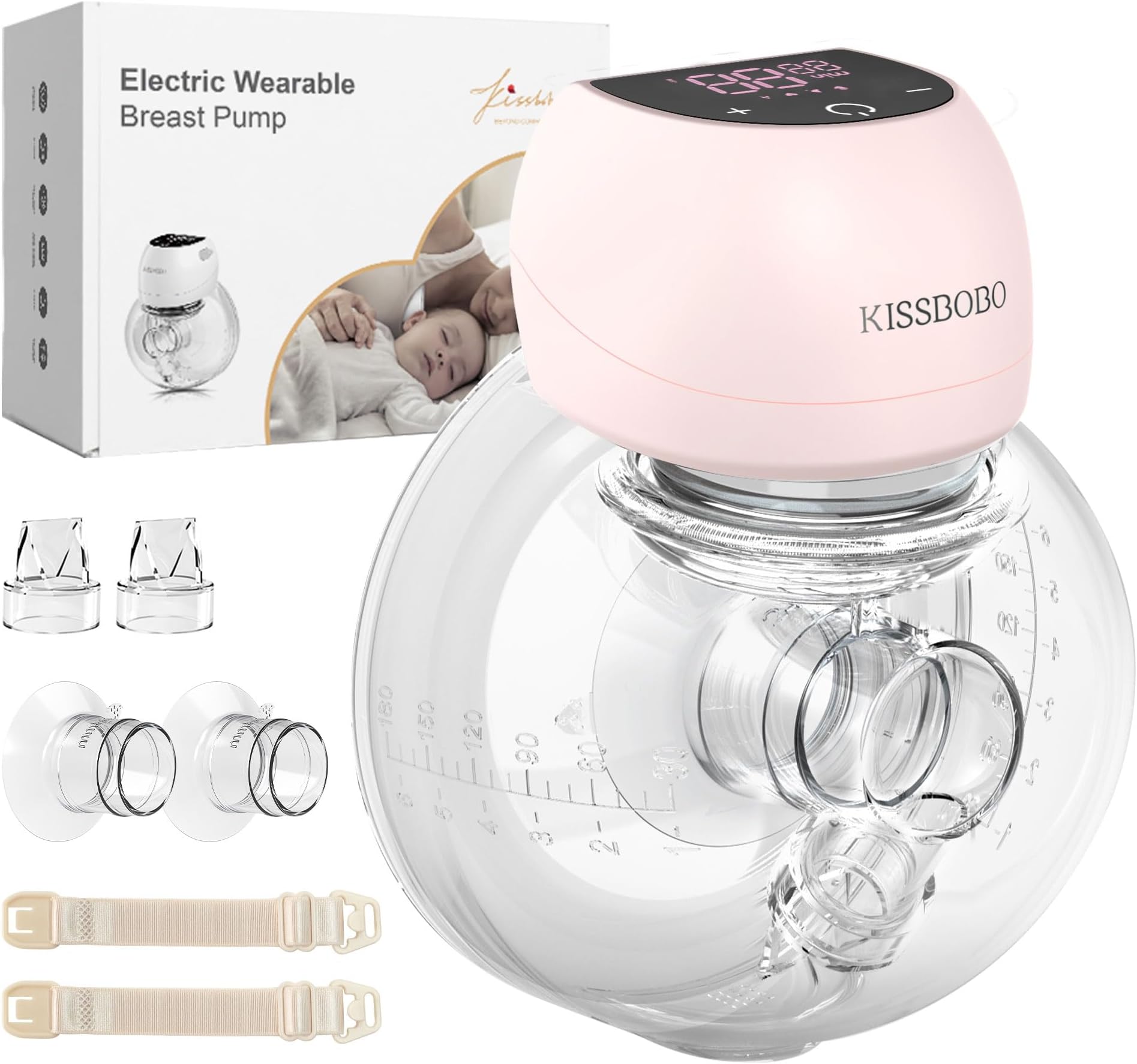 KISSBOBO ABP-1508PRO Wearable Hands Free Electric Breast Pump, Pink 1 Pack | 4 modes, 12 suction levels, low noise LED touchscreen, rechargeable design, 21mm and 24mm flanges